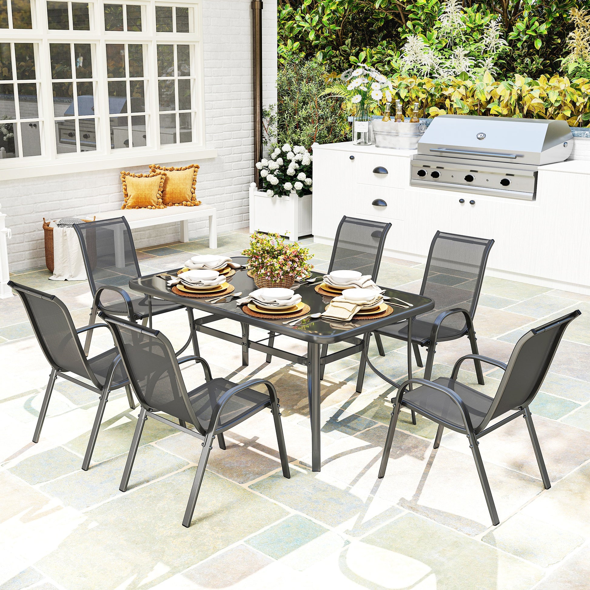 Outsunny Conjunto de Mesa y Sillas Jardín de 7 Piezas, Muebles de Jardín Exterior con Mesa y 6 Sillas para Terraza con Orificio para Sombrilla y Encimera de Cristal, para Terraza Patio, Gris Oscuro