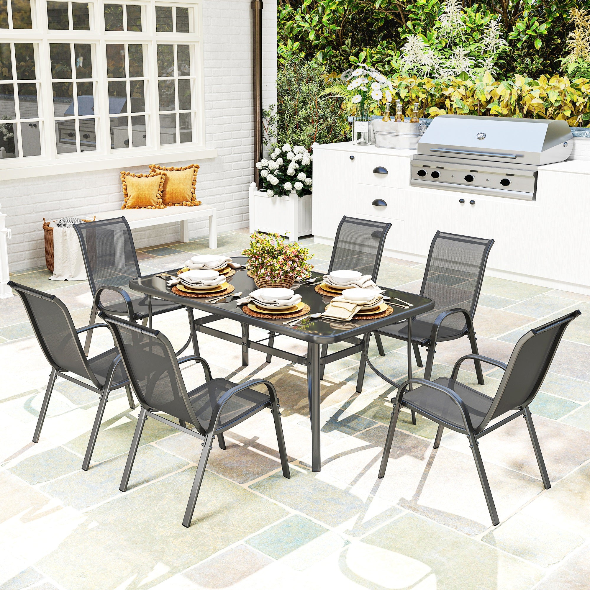 Outsunny Conjunto de Mesa y Sillas Jardín de 7 Piezas, Muebles de Jardín Exterior con Mesa y 6 Sillas para Terraza con Orificio para Sombrilla y Encimera de Cristal, para Terraza Patio, Gris Oscuro