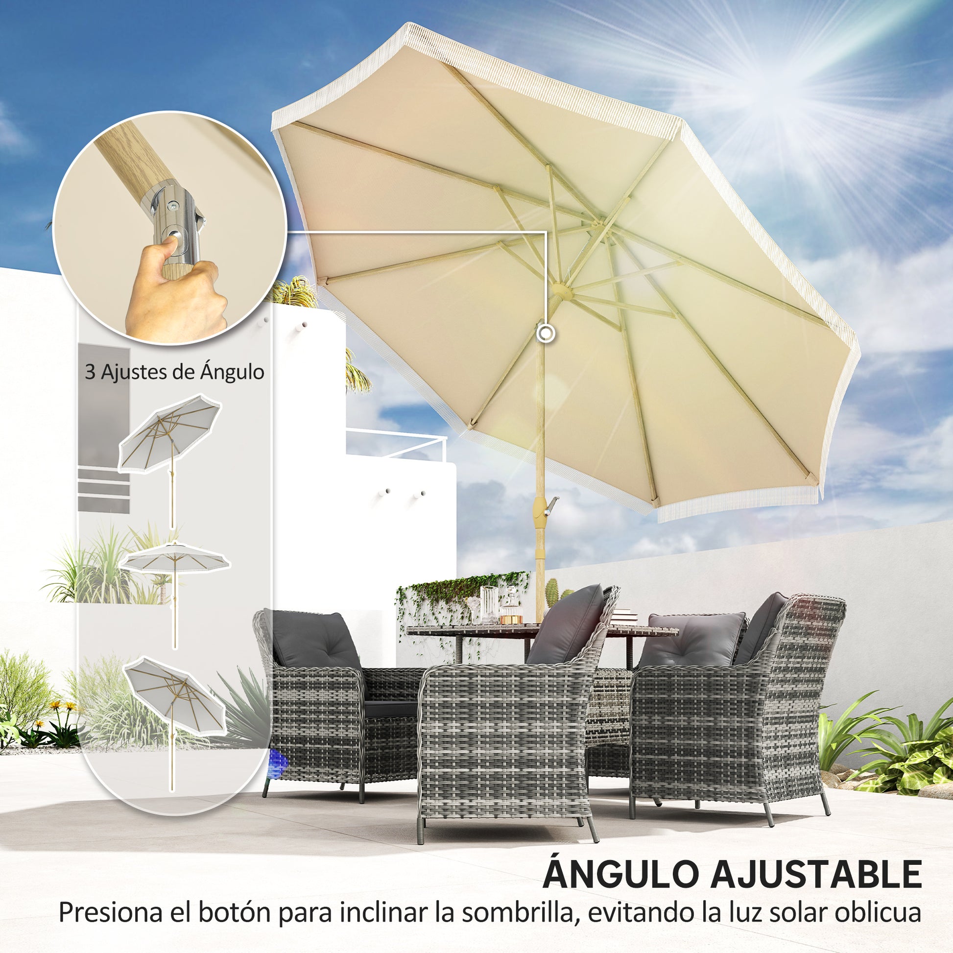 Outsunny Sombrilla Terraza Exterior, Ø265x244 cm, Sombrilla de Jardín con Ángulo Ajustable, Manivela, Flecos de Estilo Boho, Impermeable, Parasol para Patio, Terraza, Crema