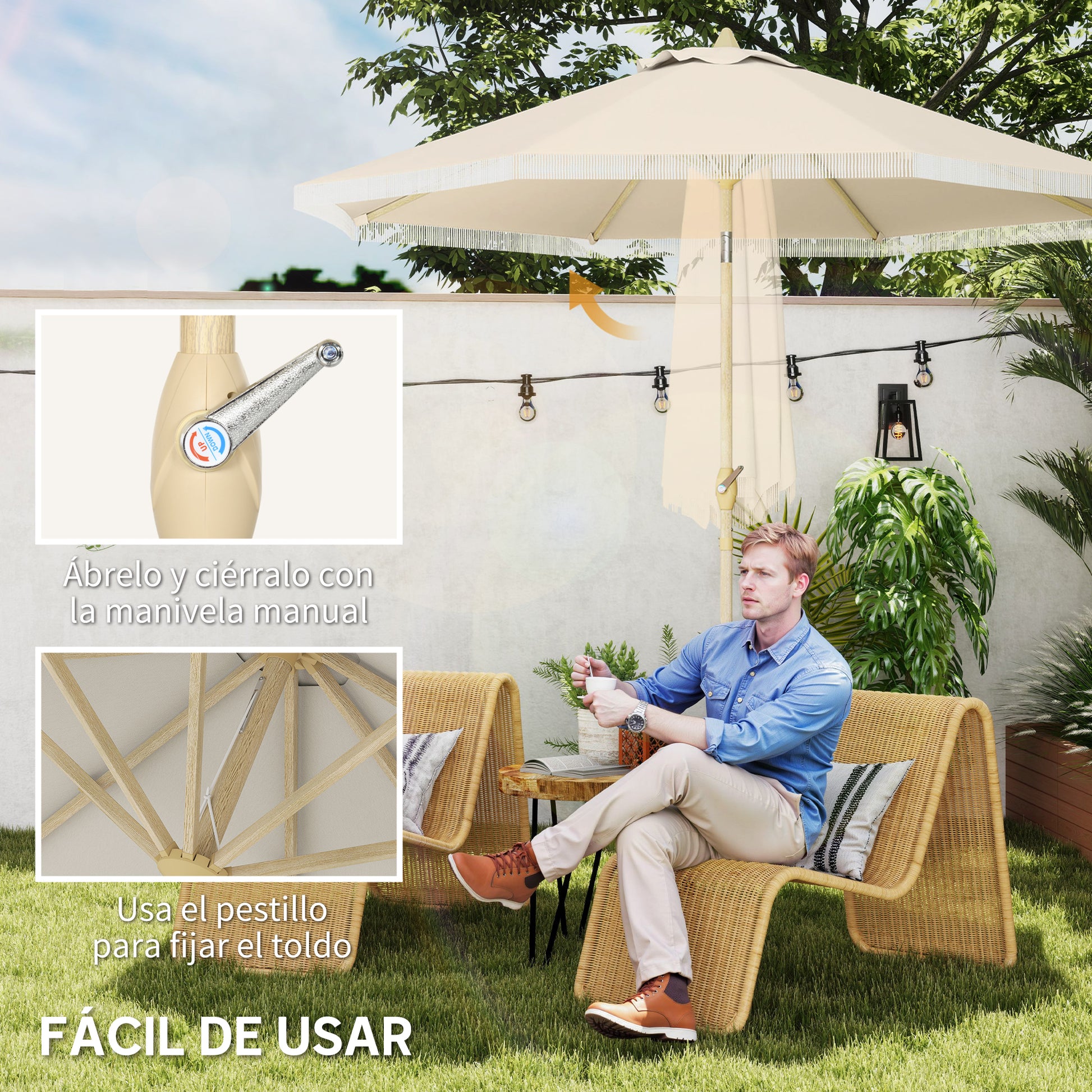 Outsunny Sombrilla Terraza Exterior, Ø265x244 cm, Sombrilla de Jardín con Ángulo Ajustable, Manivela, Flecos de Estilo Boho, Impermeable, Parasol para Patio, Terraza, Crema