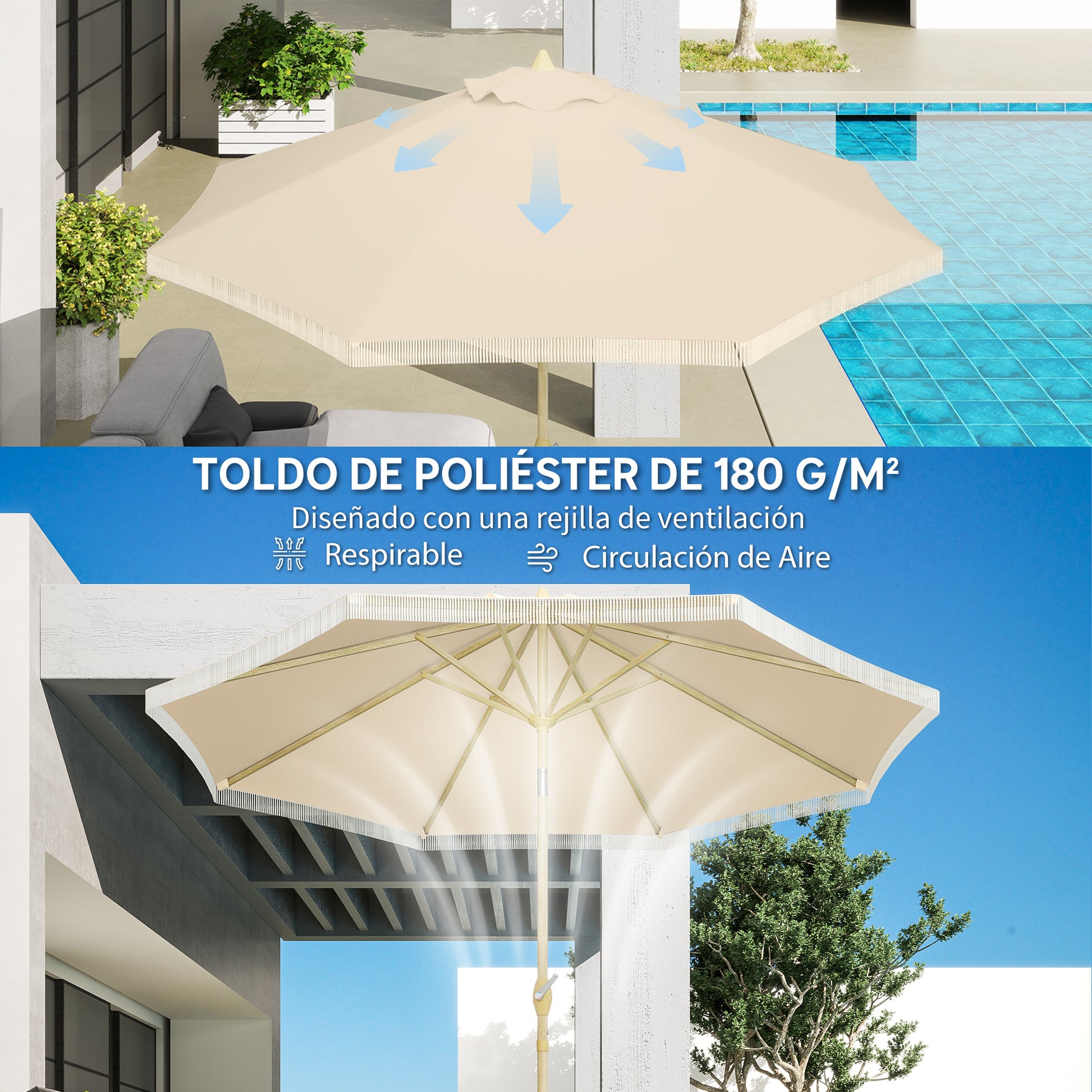Outsunny Sombrilla Terraza Exterior, Ø265x244 cm, Sombrilla de Jardín con Ángulo Ajustable, Manivela, Flecos de Estilo Boho, Impermeable, Parasol para Patio, Terraza, Crema