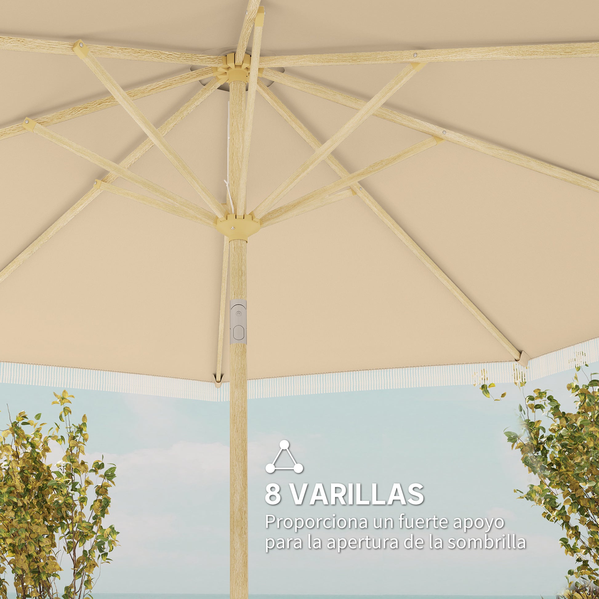 Outsunny Sombrilla Terraza Exterior, Ø265x244 cm, Sombrilla de Jardín con Ángulo Ajustable, Manivela, Flecos de Estilo Boho, Impermeable, Parasol para Patio, Terraza, Crema