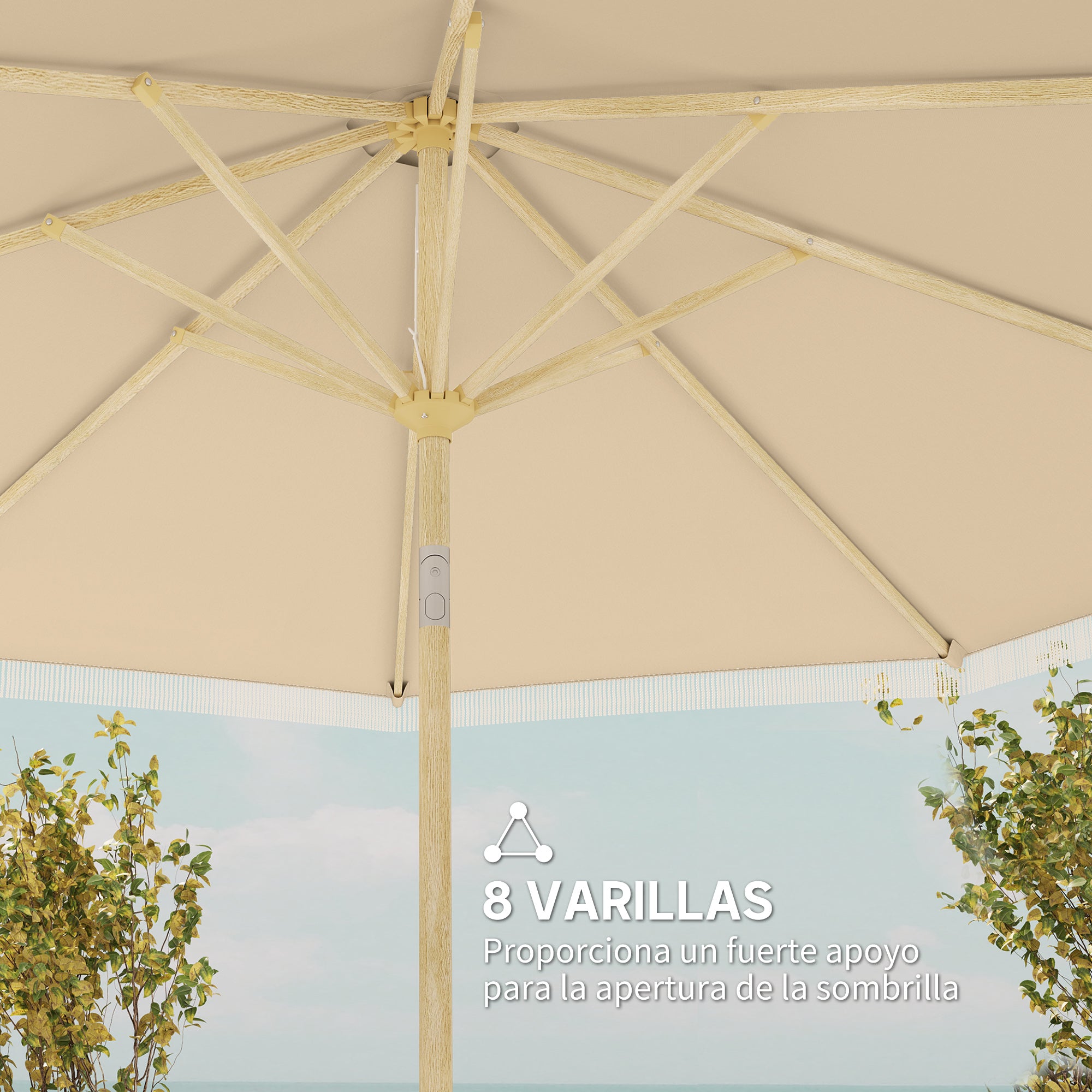 Outsunny Sombrilla Terraza Exterior, Ø265x244 cm, Sombrilla de Jardín con Ángulo Ajustable, Manivela, Flecos de Estilo Boho, Impermeable, Parasol para Patio, Terraza, Crema