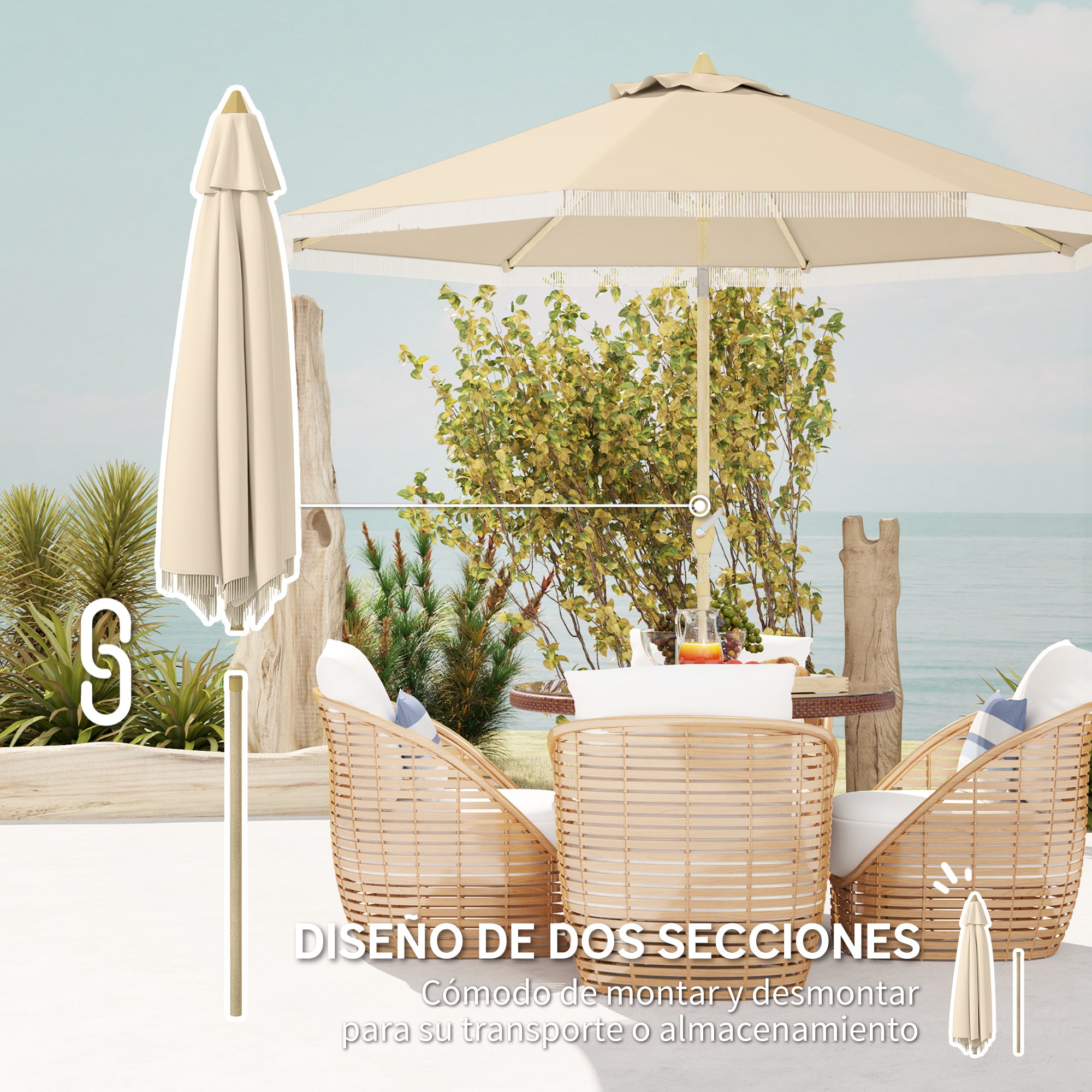 Outsunny Sombrilla Terraza Exterior, Ø265x244 cm, Sombrilla de Jardín con Ángulo Ajustable, Manivela, Flecos de Estilo Boho, Impermeable, Parasol para Patio, Terraza, Crema
