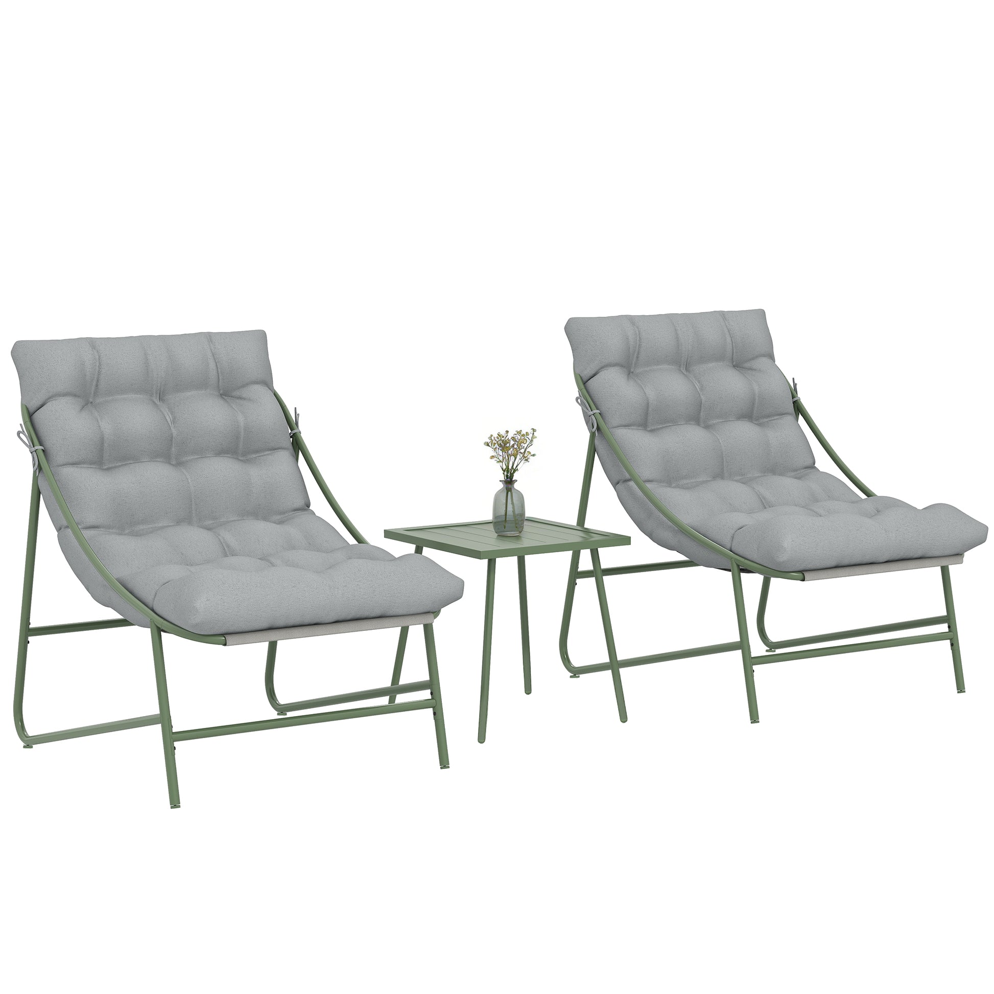 Outsunny Conjunto de Mesa y Sillas de Terraza Exterior de 3 Piezas, Muebles de Jardín Exterior con Cojines, 2 Sillas Lounge, Mesa de Café y Estructura de Acero, para Patio, Gris Claro