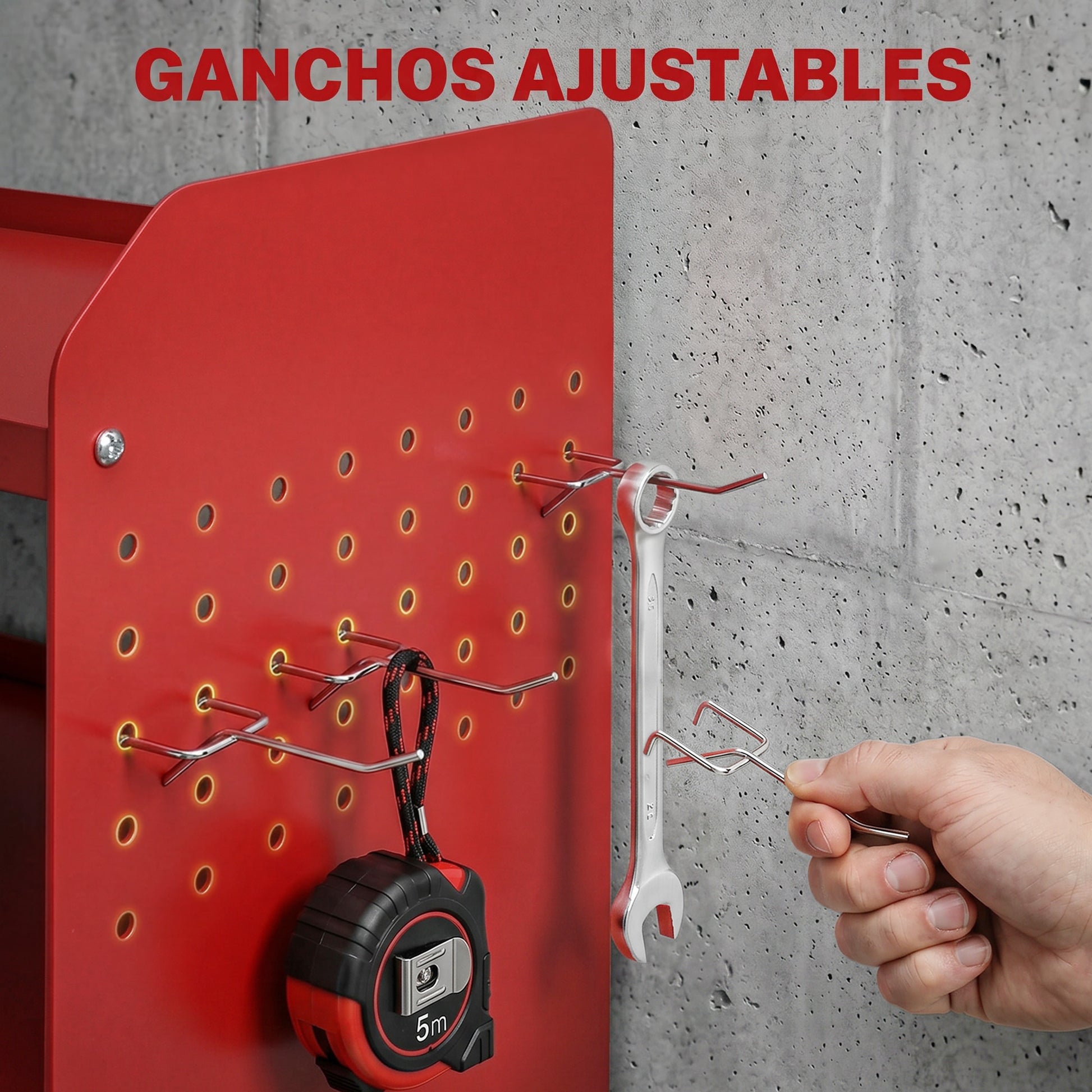 Outsunny Organizador de Herramientas Eléctricas de Jardín, Estante de Almacenamiento de Pared de 2 Niveles para 5 Taladros, Soporte de Metal con Bandeja Lateral y 4 Ganchos, para Garaje,Taller, Rojo