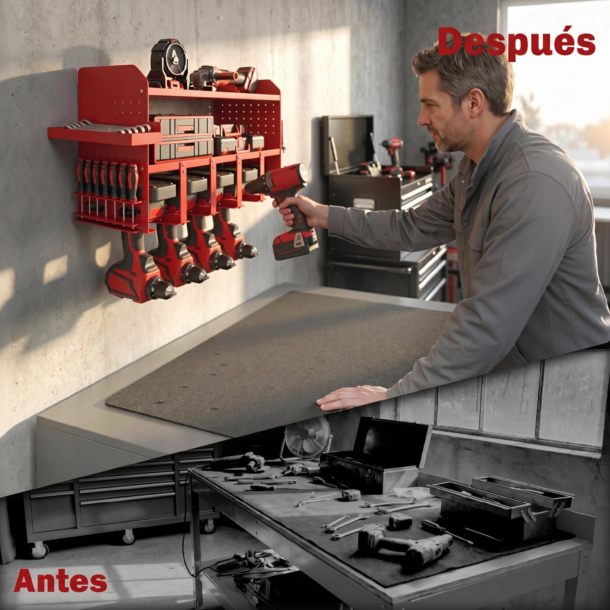 Outsunny Organizador de Herramientas Eléctricas de Jardín, Estante de Almacenamiento de Pared de 2 Niveles para 5 Taladros, Soporte de Metal con Bandeja Lateral y 4 Ganchos, para Garaje,Taller, Rojo