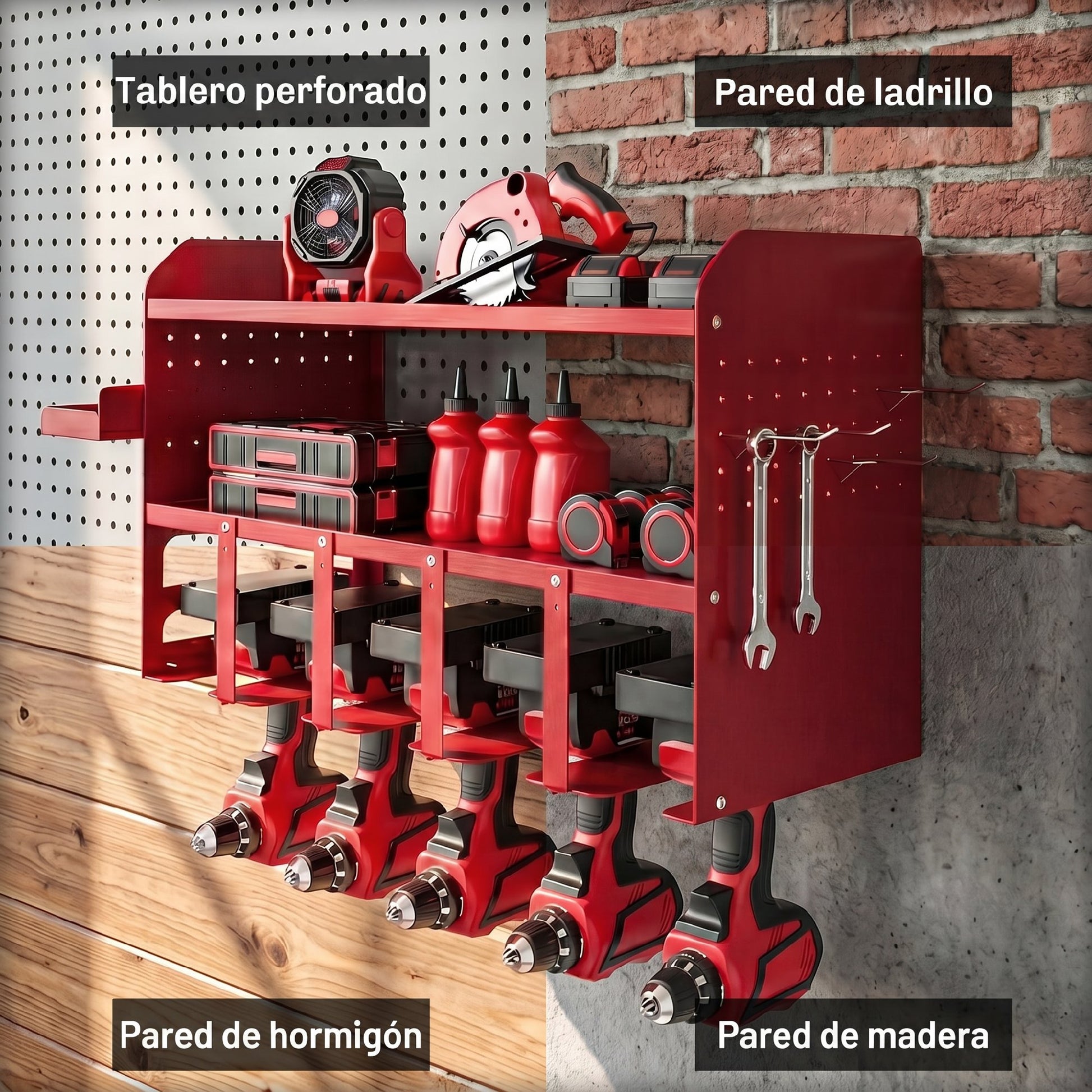 Outsunny Organizador de Herramientas Eléctricas de Jardín, Estante de Almacenamiento de Pared de 2 Niveles para 5 Taladros, Soporte de Metal con Bandeja Lateral y 4 Ganchos, para Garaje,Taller, Rojo