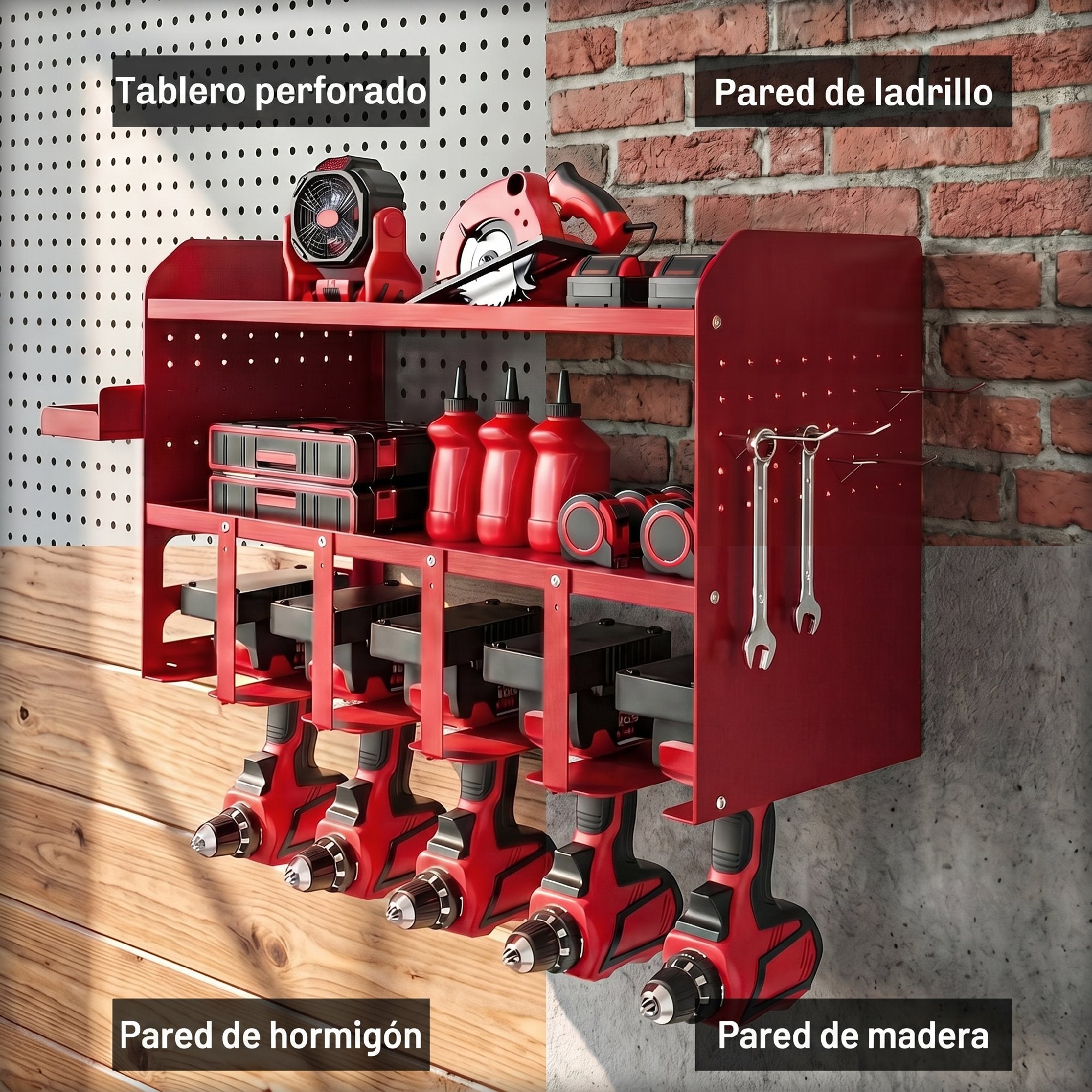 Outsunny Organizador de Herramientas Eléctricas de Jardín, Estante de Almacenamiento de Pared de 2 Niveles para 5 Taladros, Soporte de Metal con Bandeja Lateral y 4 Ganchos, para Garaje,Taller, Rojo