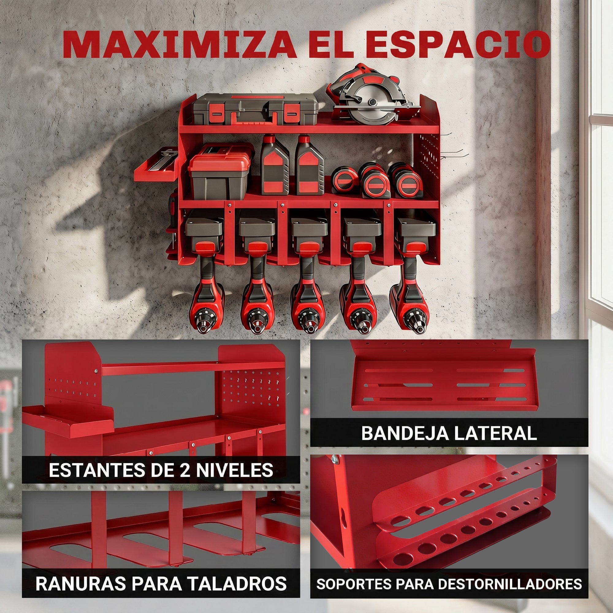 Outsunny Organizador de Herramientas Eléctricas de Jardín, Estante de Almacenamiento de Pared de 2 Niveles para 5 Taladros, Soporte de Metal con Bandeja Lateral y 4 Ganchos, para Garaje,Taller, Rojo