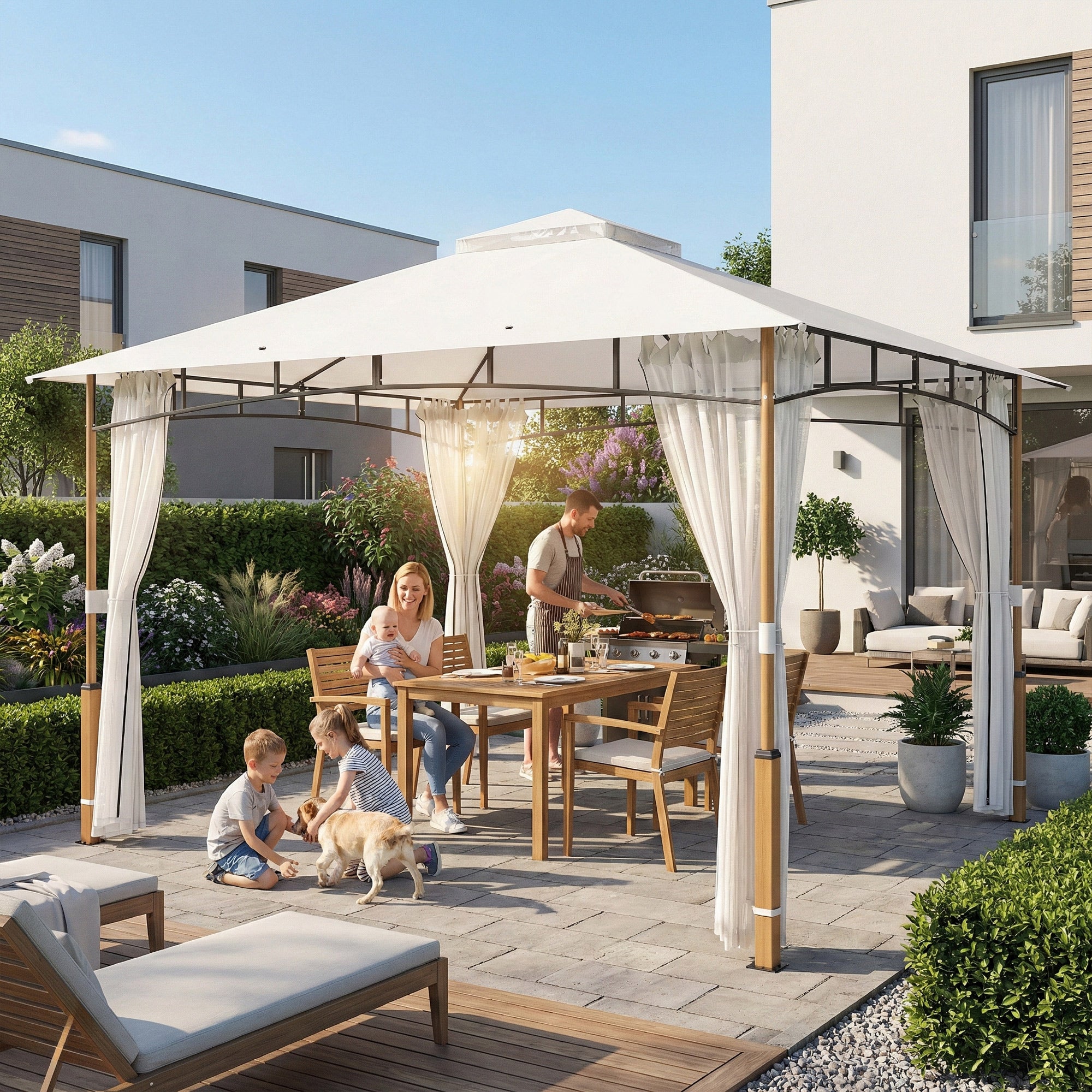 Outsunny Cenador para Jardín 3x3,6 m, Pabellón de Jardín Gazebo con Doble Techo, Paredes de Malla, UPF50+, Estructura de Metal, Carpa para Exterior, Terraza, Patio, Crema y Teca