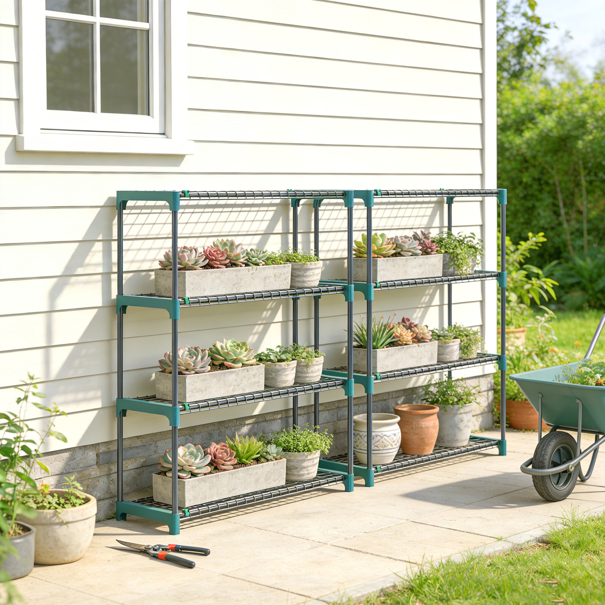 Outsunny Juego de 2 Soportes para Plantas de 4 Niveles para Interior y Exterior, Estanterías para Plantas de Acero con Conectores para Fácil Montaje, Estantes para Macetas, Jardín, Balcón, Verde