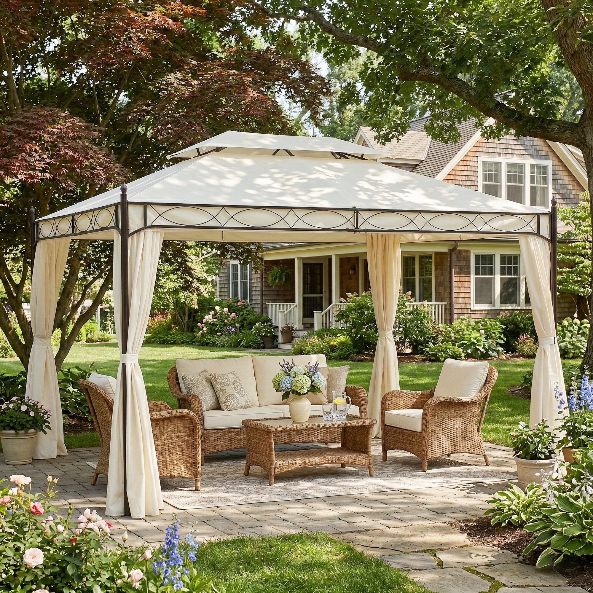 Outsunny Cenador de Jardín 4x3 m, Pabellón de Jardín Gazebo con Doble Techo, 4 Cortinas, Marco de Acero, 8 Orificios de Drenaje, Anti-UV, Carpa para Exterior, Terraza, Patio, Blanco Crema