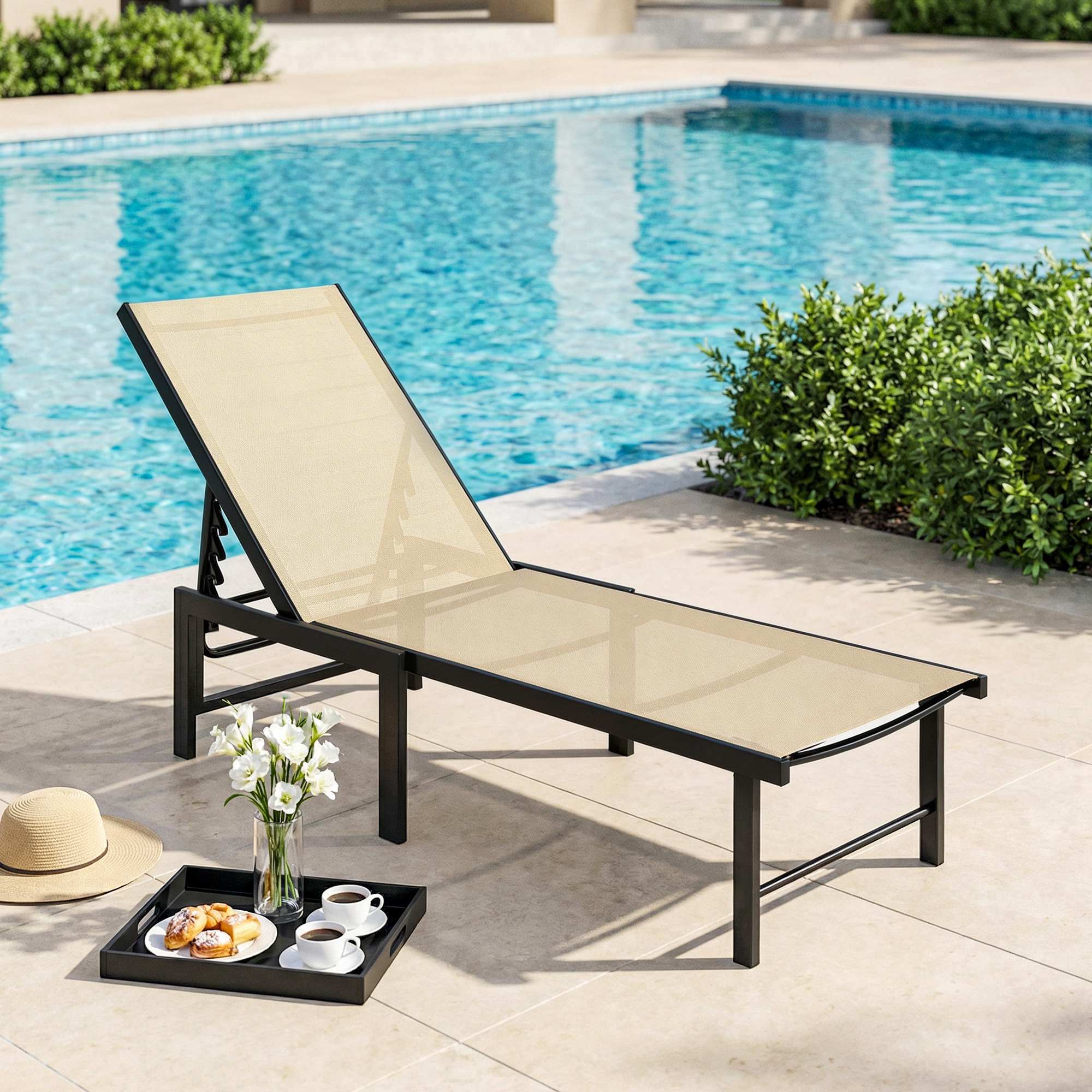 Outsunny Tumbona Jardín Exterior, Tumbona Reclinable con Respaldo Ajustable en 4 Niveles y Estructura de Acero, Impermeable, Carga 120 kg, para Patio, Terraza, Balcón, 166x60x84 cm, Caqui