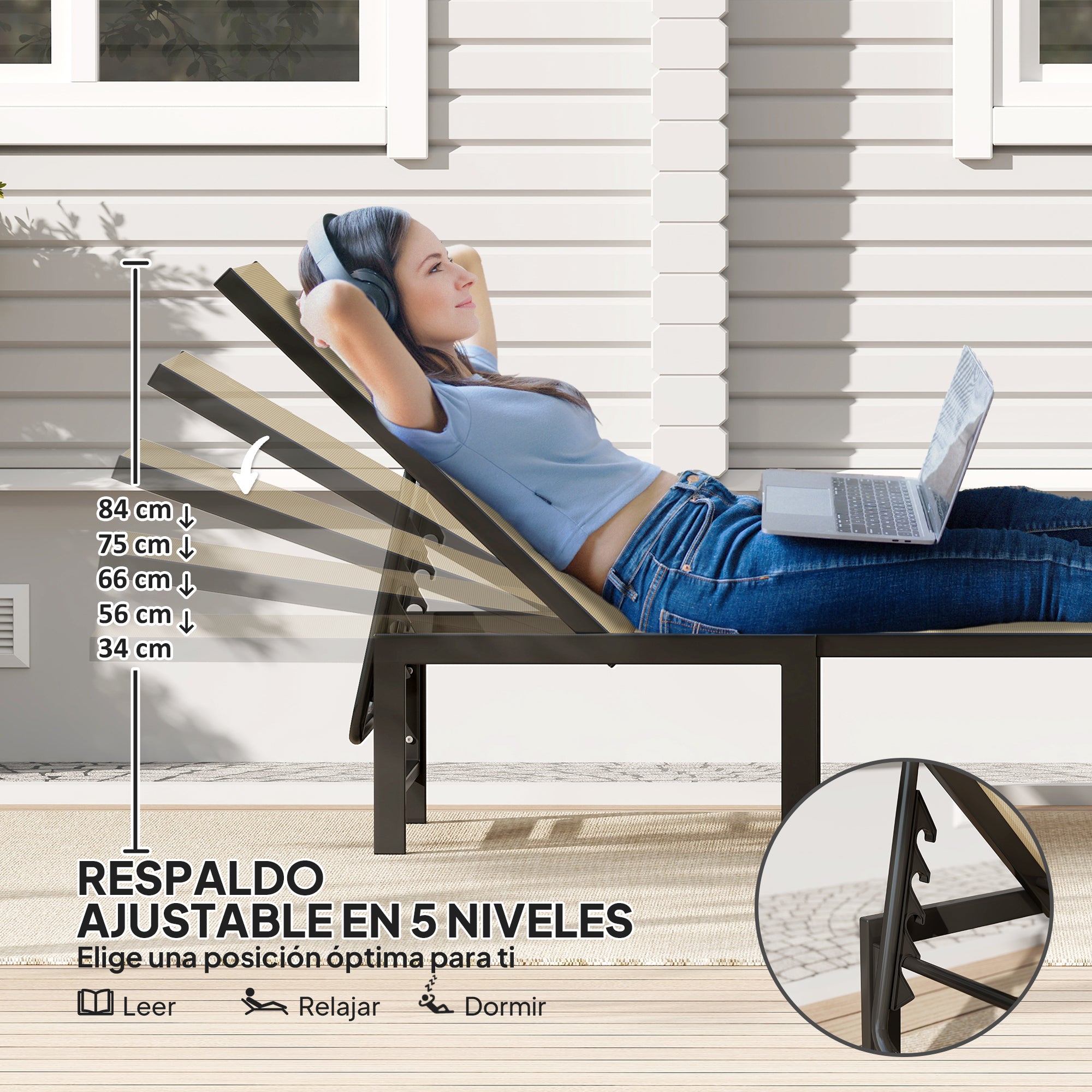 Outsunny Tumbona Jardín Exterior, Tumbona Reclinable con Respaldo Ajustable en 4 Niveles y Estructura de Acero, Impermeable, Carga 120 kg, para Patio, Terraza, Balcón, 166x60x84 cm, Caqui