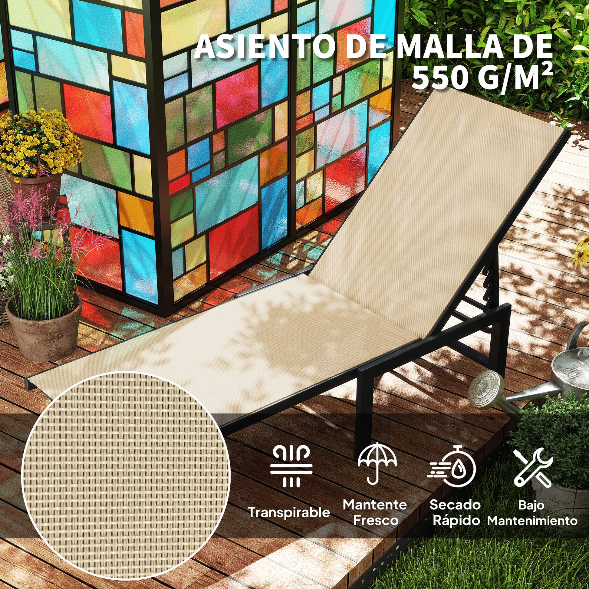 Outsunny Tumbona Jardín Exterior, Tumbona Reclinable con Respaldo Ajustable en 4 Niveles y Estructura de Acero, Impermeable, Carga 120 kg, para Patio, Terraza, Balcón, 166x60x84 cm, Caqui