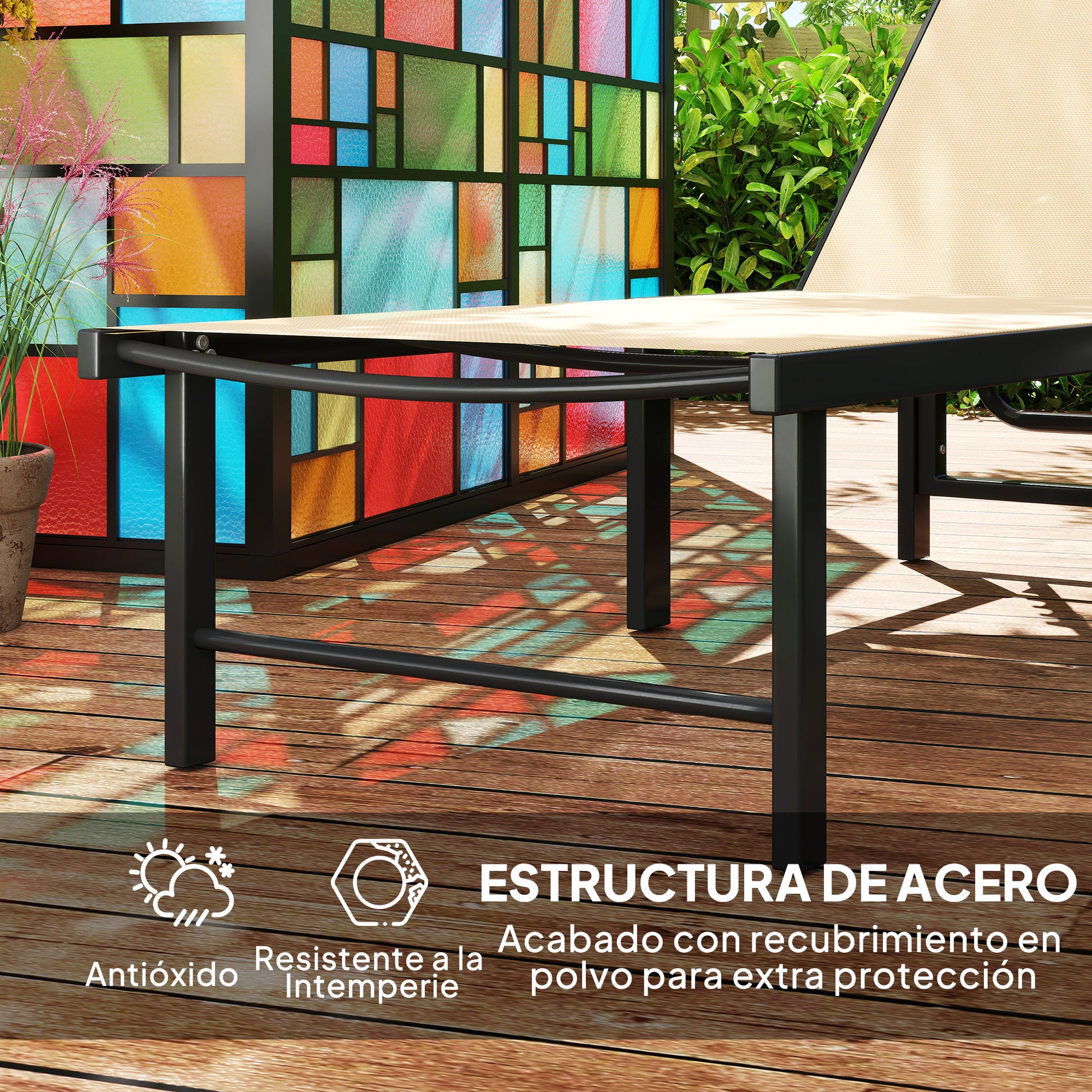 Outsunny Tumbona Jardín Exterior, Tumbona Reclinable con Respaldo Ajustable en 4 Niveles y Estructura de Acero, Impermeable, Carga 120 kg, para Patio, Terraza, Balcón, 166x60x84 cm, Caqui