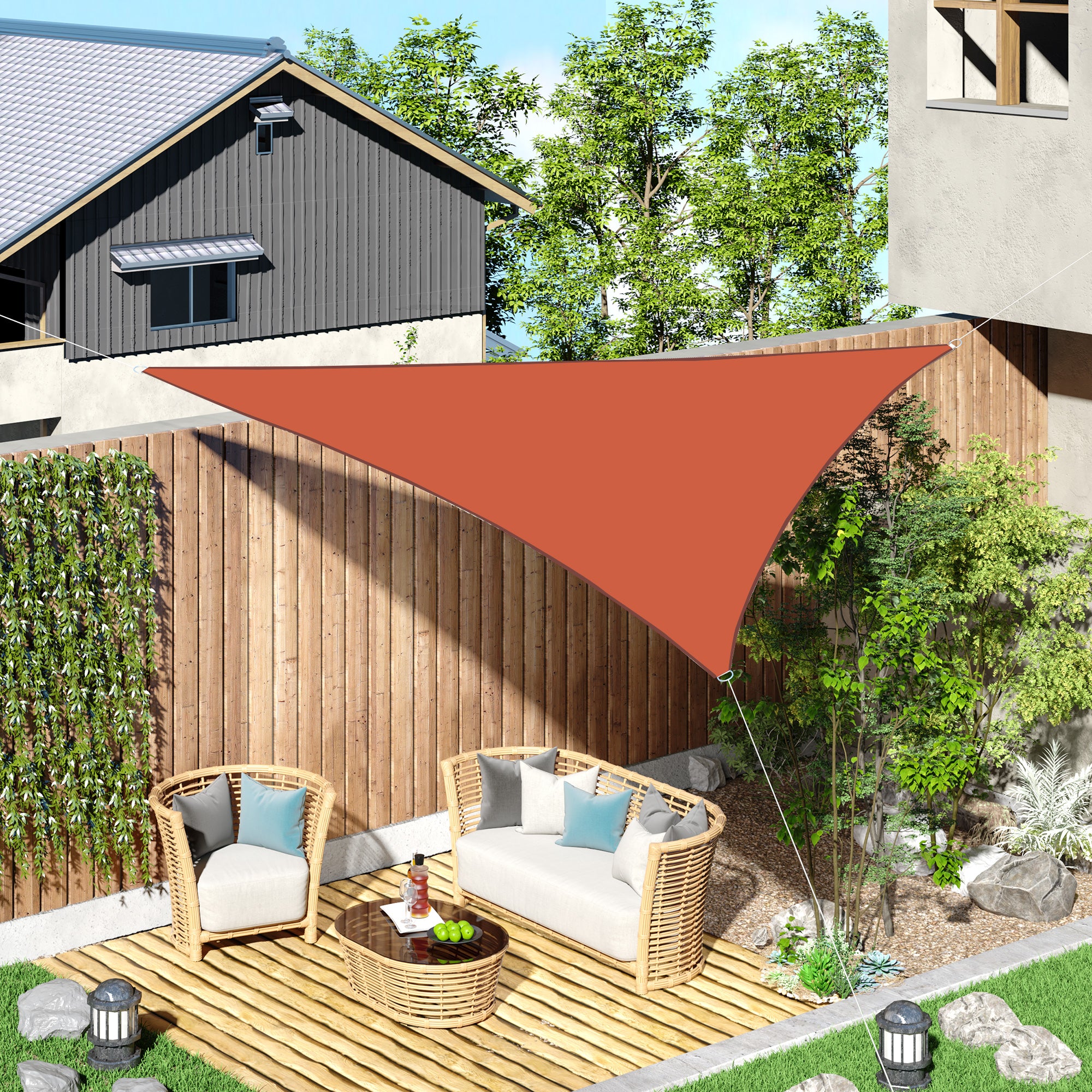 Outsunny Toldo vela color naranja sombrilla parasol triangulo Tela de Poliéster 160g/㎡ jardin playa camping sombra (varios colores y medidas), medida 3x3x3 metros, color naranja
