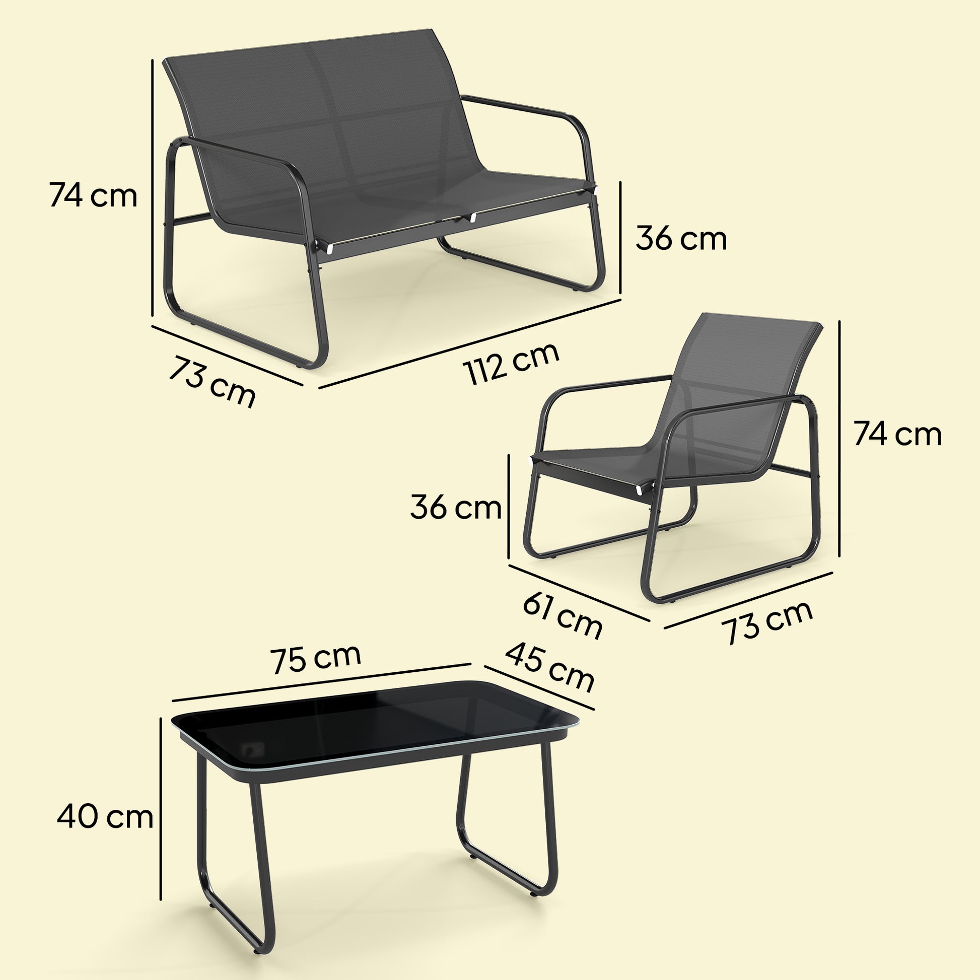 Outsunny Conjunto Jardín Exterior de 4 Piezas, Muebles Jardín Exterior con Sofá de 2 Plazas, 2 Sillones, Mesa de Vidrio Templado, Tela de Textilene Transpirable, Estructura de Acero, Gris Oscuro
