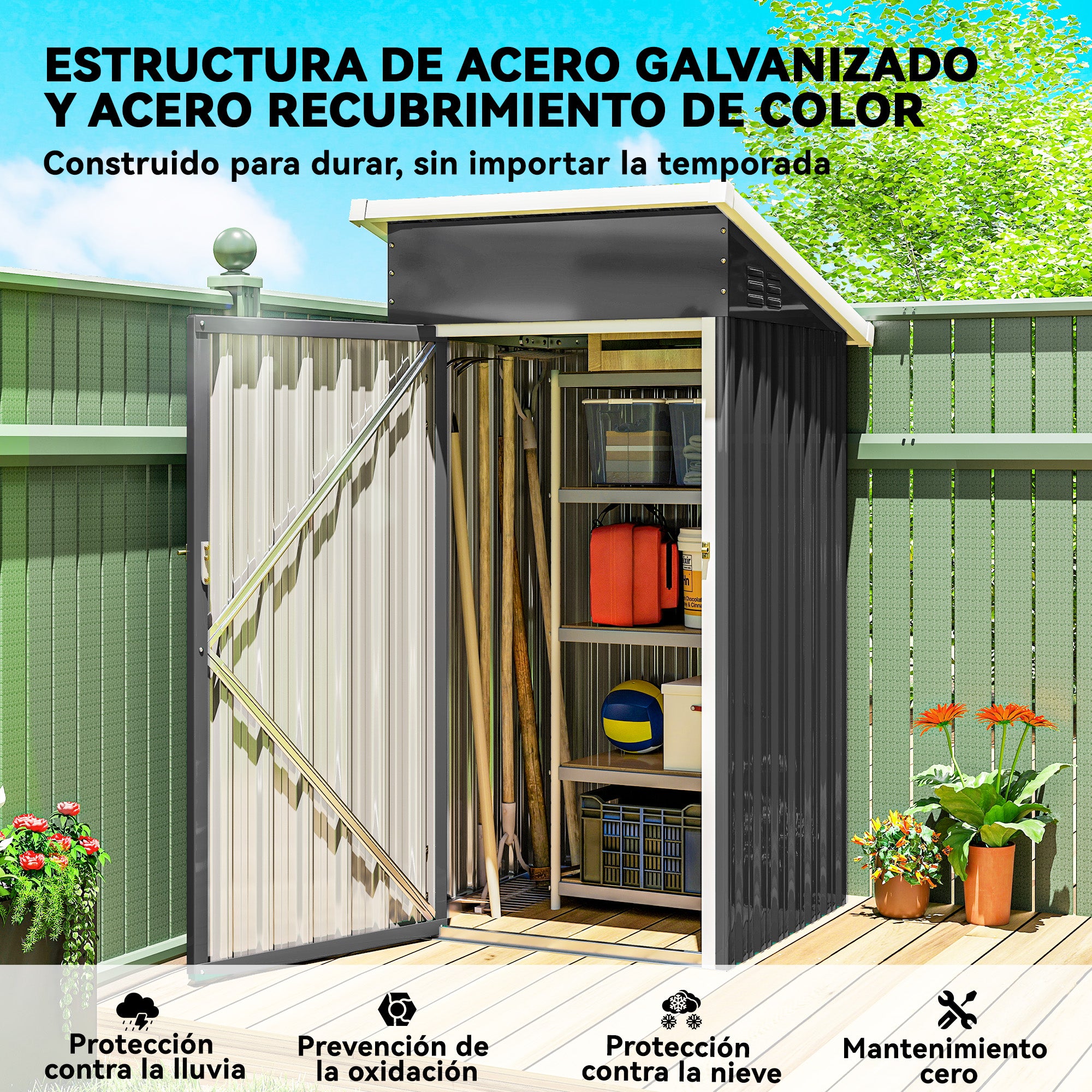 Outsunny Caseta de Jardín Exterior 0,74 m², 107,5x91x185 cm, Cobertizo de Jardín Exterior Metálico con Techo Inclinado, Puerta con Cerradura y Ventilaciones para Almacenamiento de Herramientas, Gris