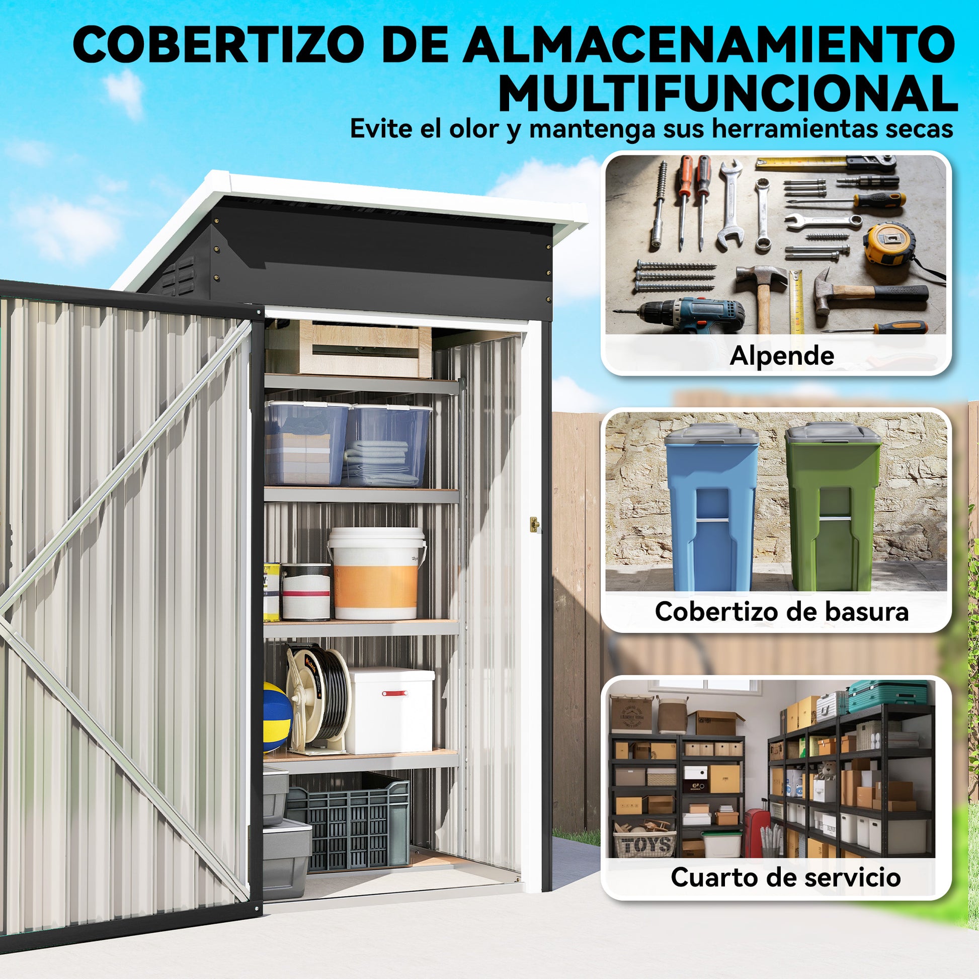 Outsunny Caseta de Jardín Exterior 0,74 m², 107,5x91x185 cm, Cobertizo de Jardín Exterior Metálico con Techo Inclinado, Puerta con Cerradura y Ventilaciones para Almacenamiento de Herramientas, Gris