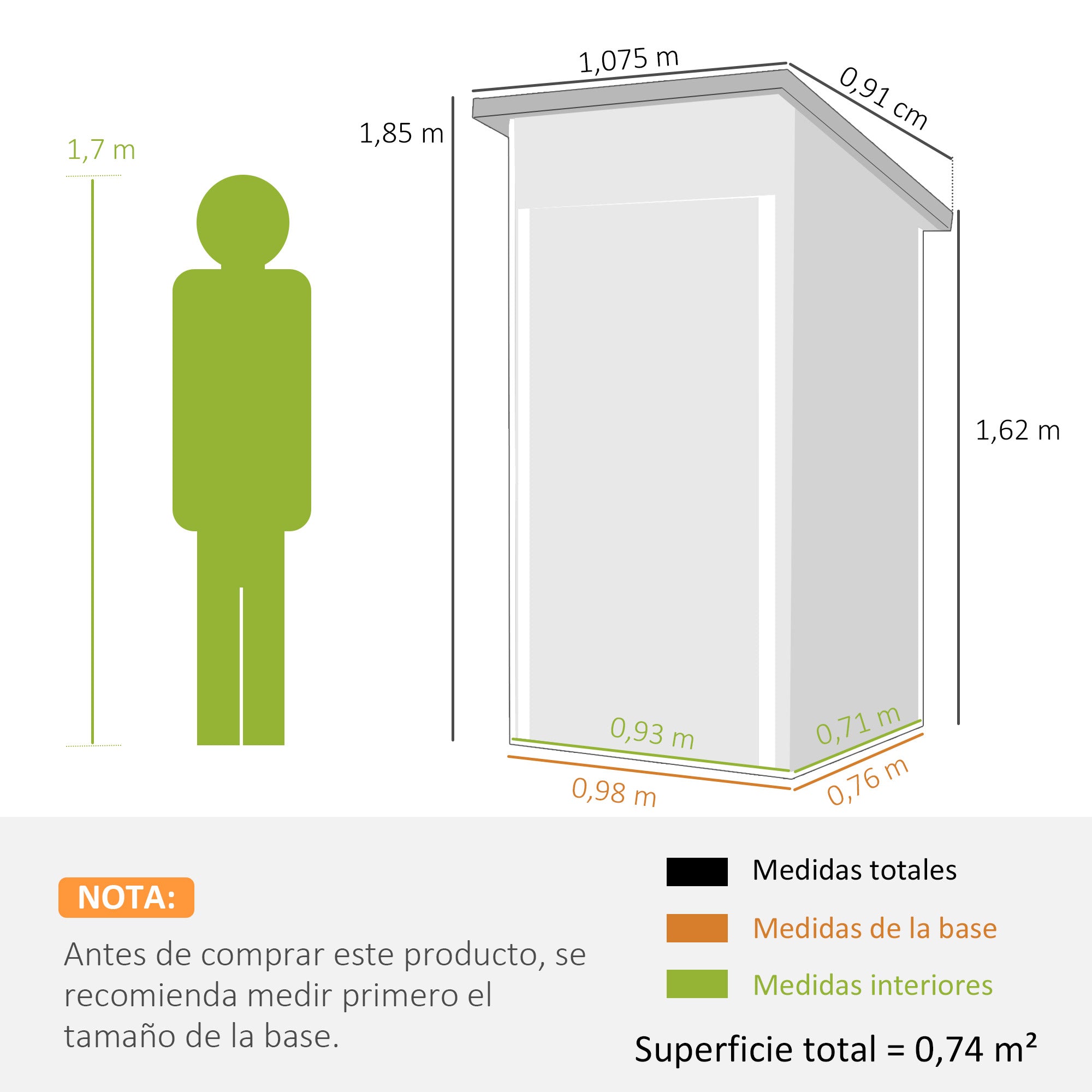Outsunny Caseta de Jardín Exterior 0,74 m², 107,5x91x185 cm, Cobertizo de Jardín Exterior Metálico con Techo Inclinado, Puerta con Cerradura y Ventilaciones para Almacenamiento de Herramientas, Gris