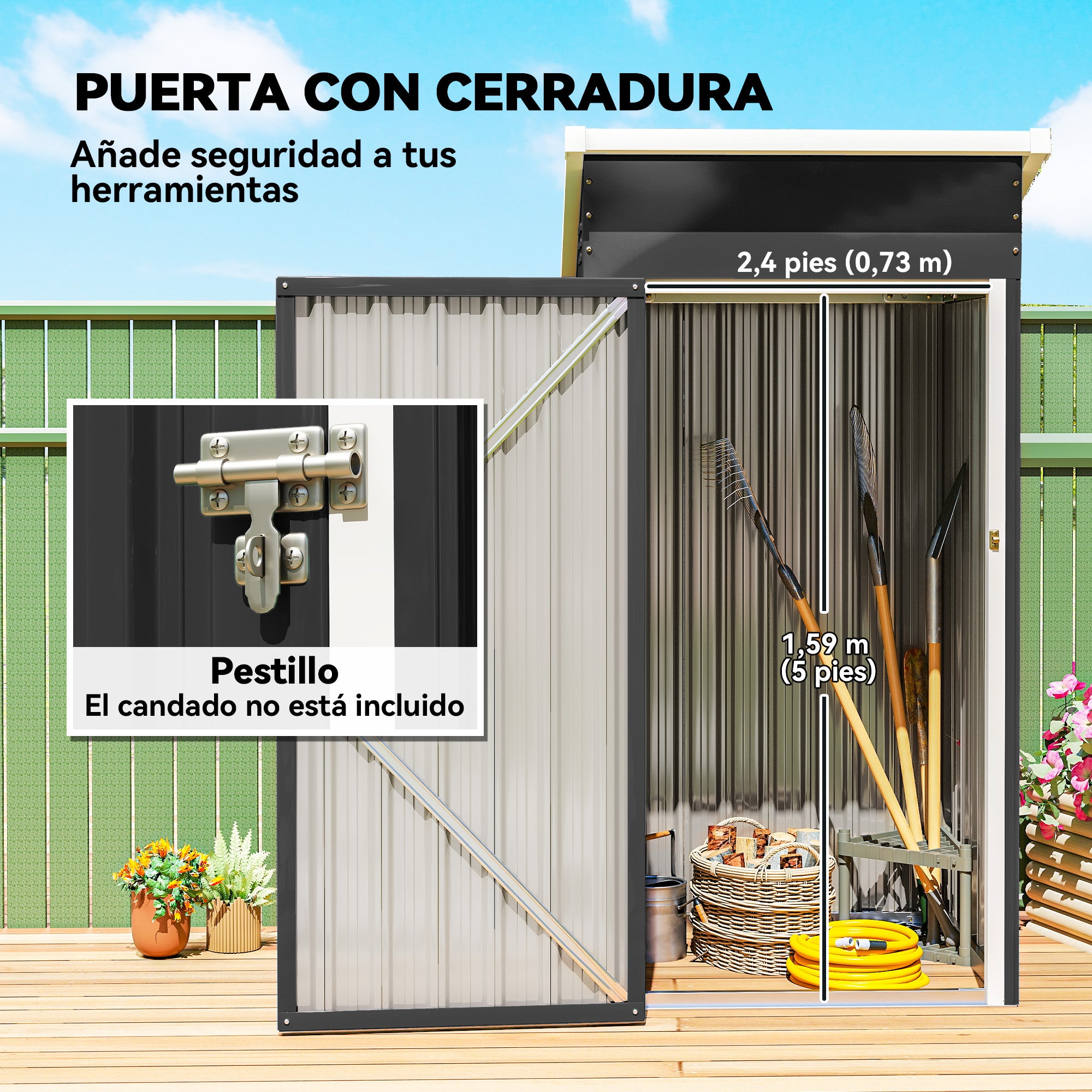 Outsunny Caseta de Jardín Exterior 0,74 m², 107,5x91x185 cm, Cobertizo de Jardín Exterior Metálico con Techo Inclinado, Puerta con Cerradura y Ventilaciones para Almacenamiento de Herramientas, Gris