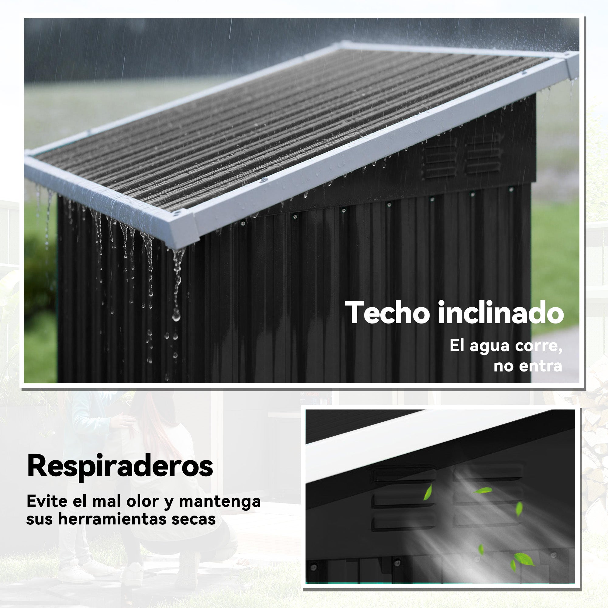 Outsunny Caseta de Jardín Exterior 0,74 m², 107,5x91x185 cm, Cobertizo de Jardín Exterior Metálico con Techo Inclinado, Puerta con Cerradura y Ventilaciones para Almacenamiento de Herramientas, Gris