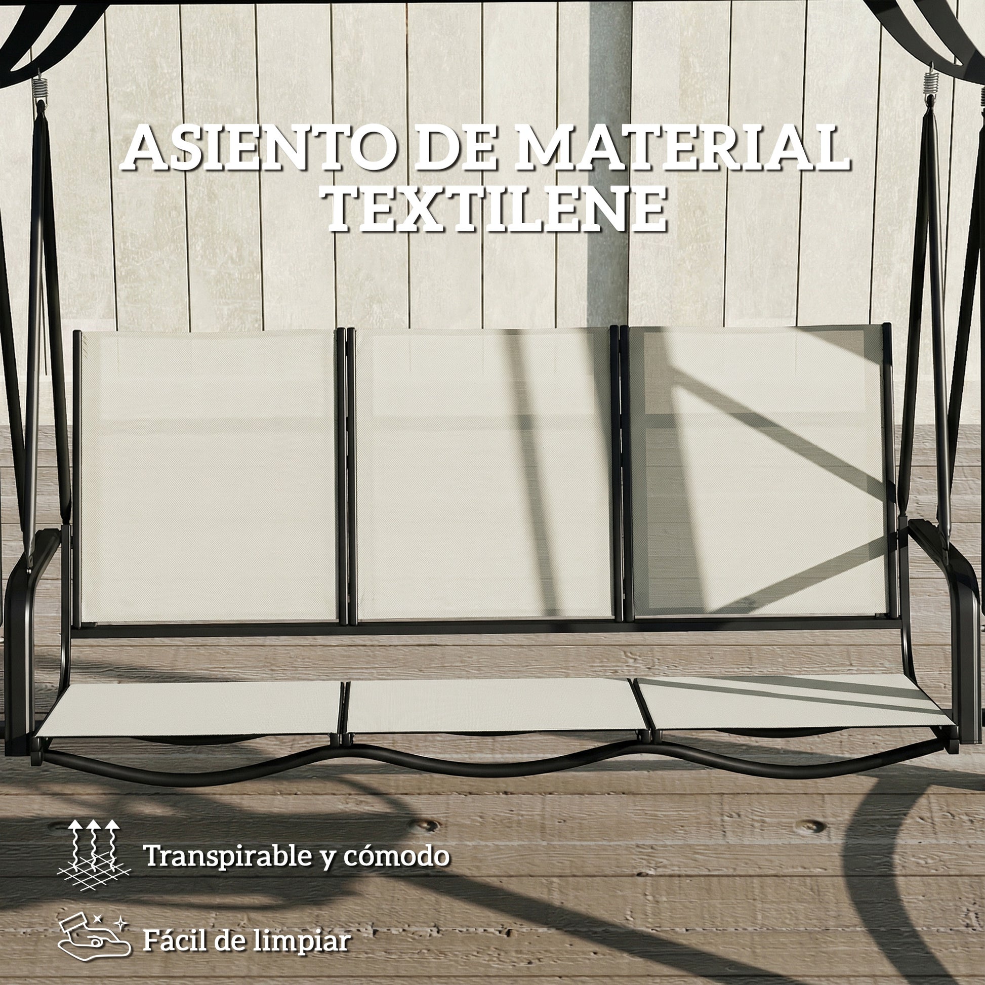 Outsunny Columpio de Jardín de 3 Plazas, Balancín de Jardín Exterior con Techo Ajustable, UPF50+, Asiento Transpirable y Marco de Metal, para Patio, Terraza, Carga 360 kg, 188x130x183 cm, Blanco Crema