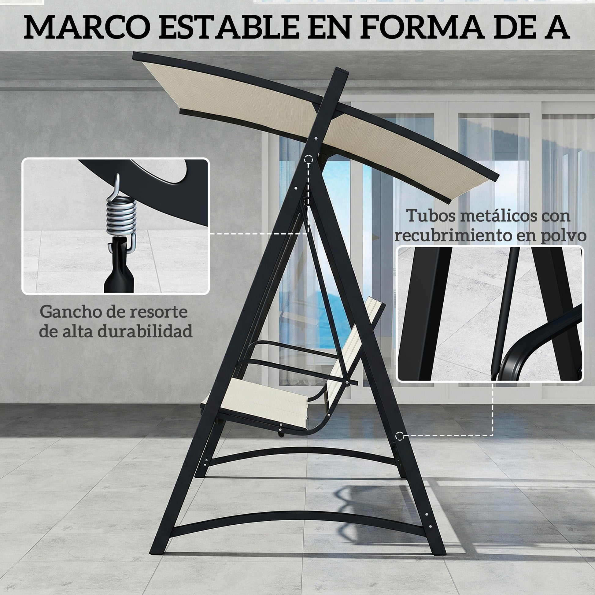 Outsunny Columpio de Jardín de 3 Plazas, Balancín de Jardín Exterior con Techo Ajustable, UPF50+, Asiento Transpirable y Marco de Metal, para Patio, Terraza, Carga 360 kg, 188x130x183 cm, Blanco Crema