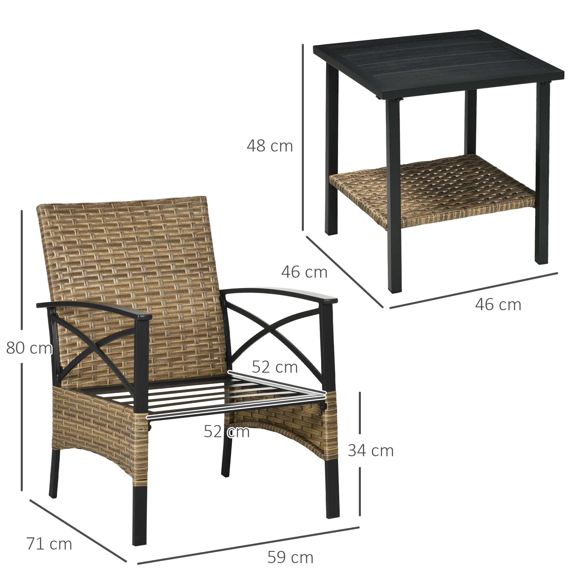 Outsunny Conjunto de Muebles de Jardín de 3 Piezas Juego de 2 Sillas y Mesa de Ratán con 2 Cojines Acolchados y Marco de Acero para Terraza Balcón Exterior Marrón