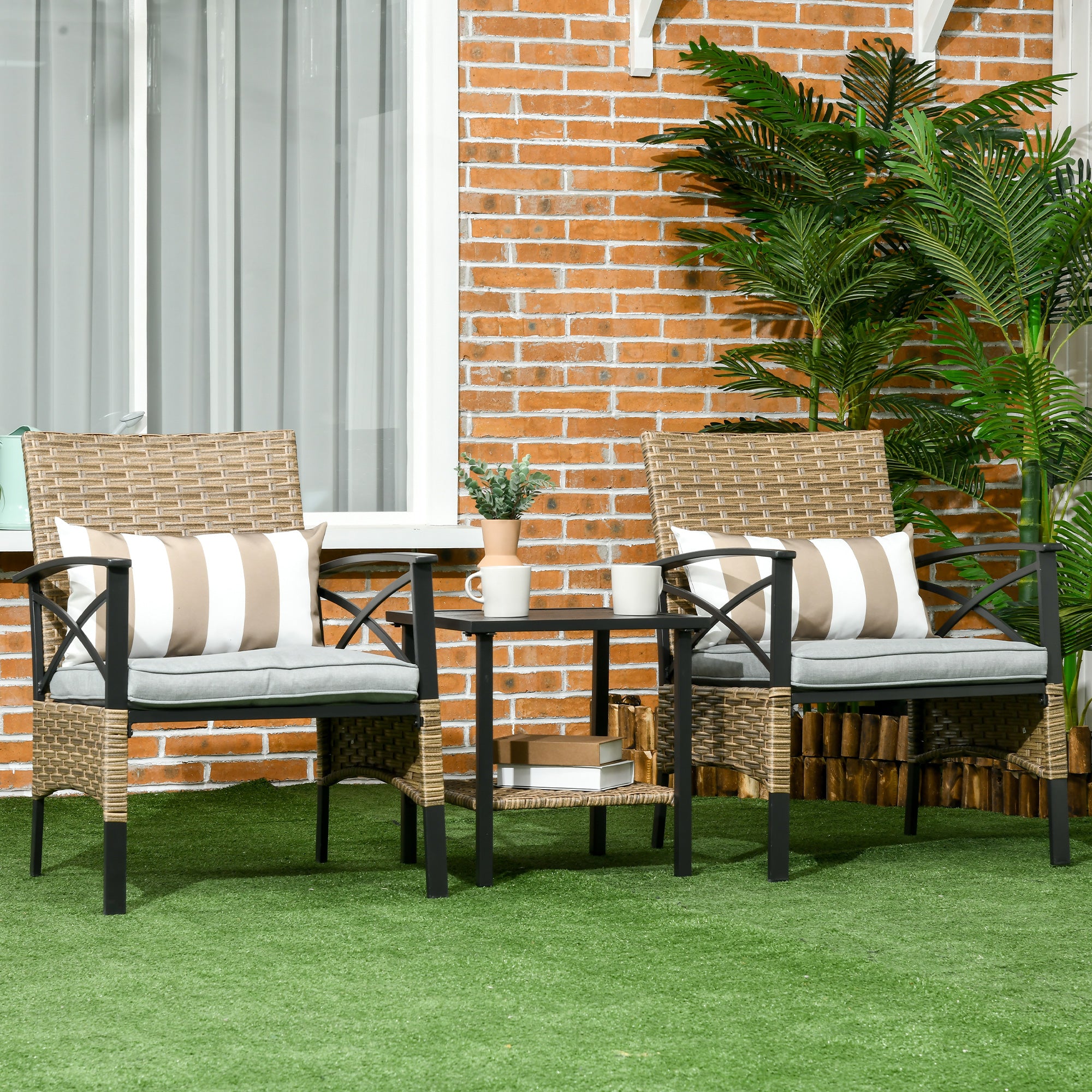 Outsunny Conjunto de Muebles de Jardín de 3 Piezas Juego de 2 Sillas y Mesa de Ratán con 2 Cojines Acolchados y Marco de Acero para Terraza Balcón Exterior Marrón