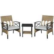 Outsunny Conjunto de Muebles de Jardín de 3 Piezas Juego de 2 Sillas y Mesa de Ratán con 2 Cojines Acolchados y Marco de Acero para Terraza Balcón Exterior Marrón