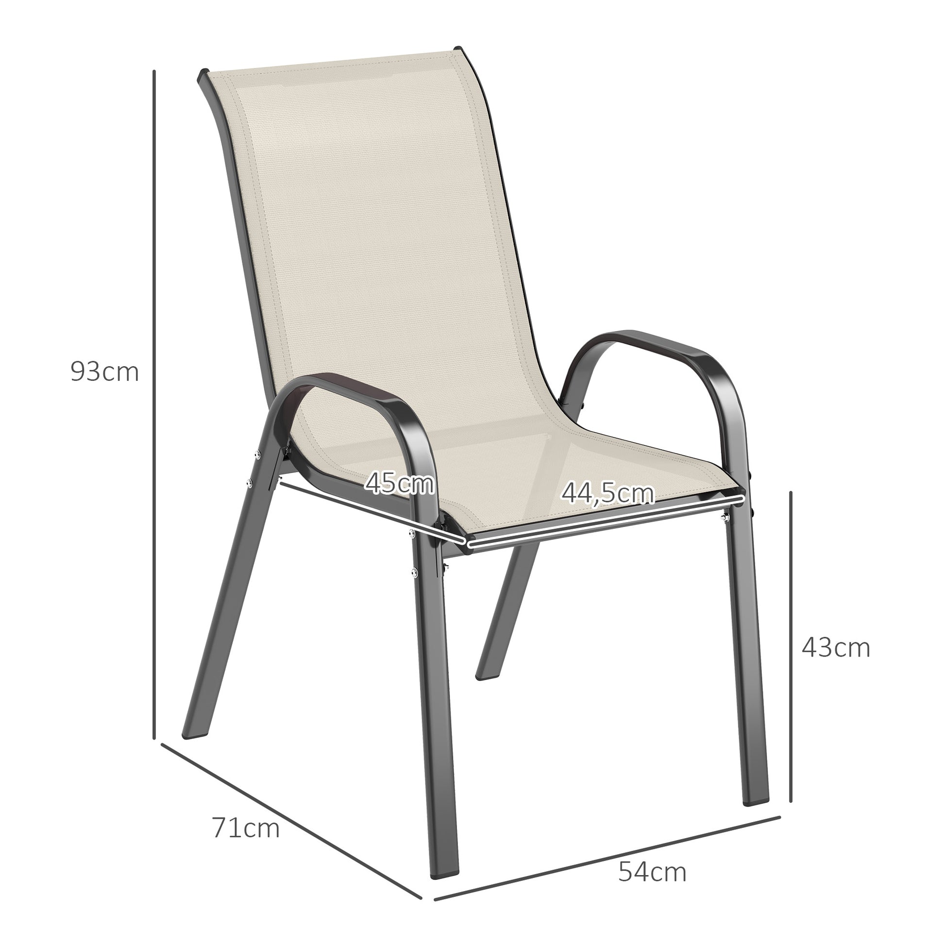 Outsunny Juego de 4 Sillas de Jardín Exterior, Sillas Terraza Exterior Apilables, Sillas de Jardín con Tela Transpirable, Marco de Acero, Reposabrazos y Respaldo, 54x71x93 cm, Beige y Negro