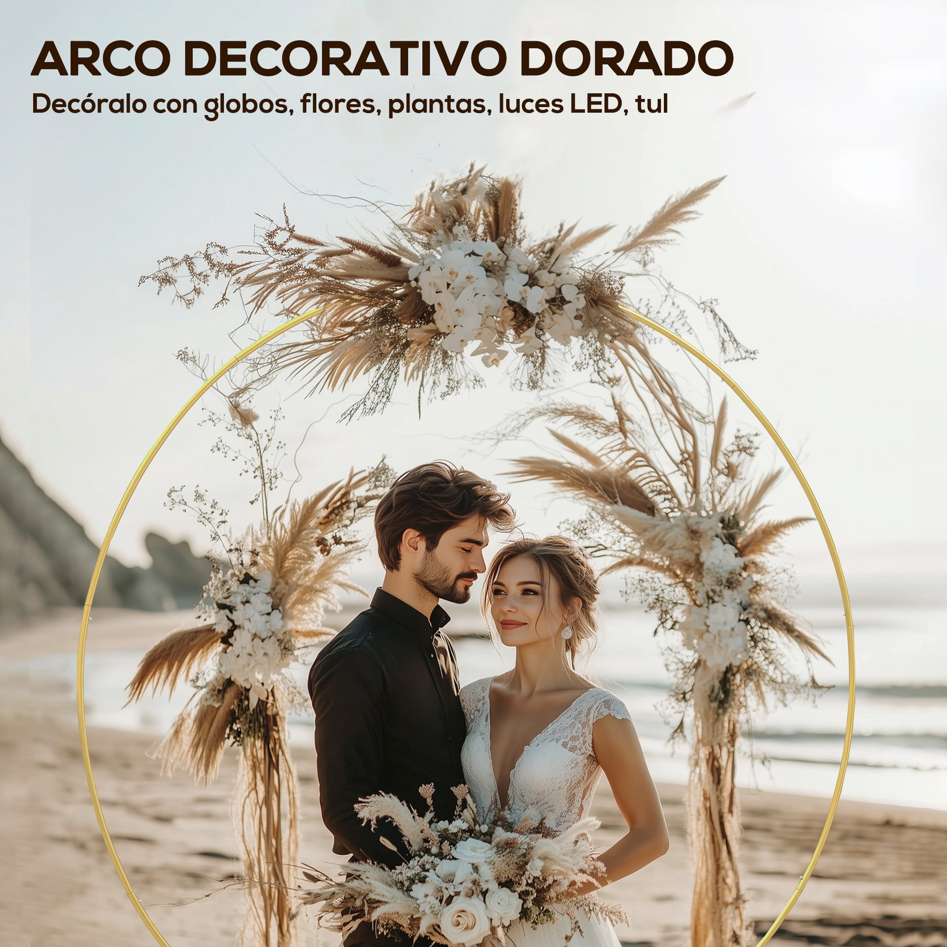 Outsunny Arco de Jardín de Metal Redondo para Rosas Arco de Boda con Recubrimiento en Polvo Resistente a la Intemperie para Plantas Trepadoras para Decoración Patio Terraza 230x28x234 cm Dorado