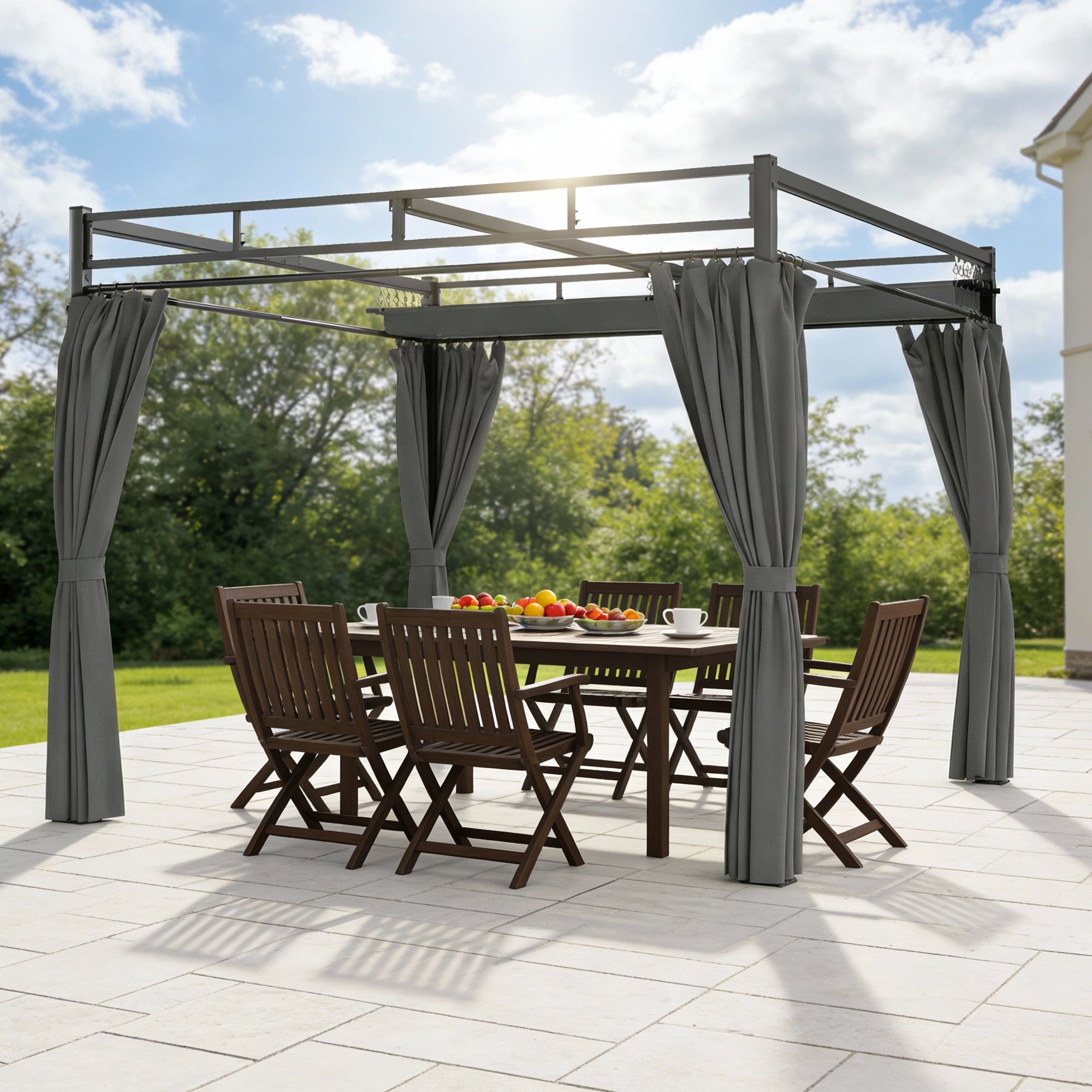 Outsunny Pérgola de Jardín 3x3 m con Techo Retráctil y 4 Cortinas, Cenador de Jardín con Protección UV30+, Impermeable, Estructura Metálica, Pabellón para Patio, Terraza, Exterior, Gris Oscuro