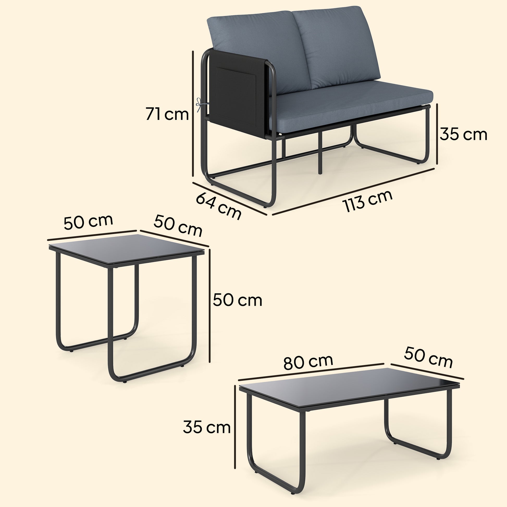 Outsunny Conjunto Jardín Exterior de 4 Piezas, Muebles Jardín Exterior con 2 Sofás 2 Plazas, 2 Mesas de Vidrio, Cojines, Fundas Extraíbles, Bolsillos, Tela Textilene Transpirable, Marco Acero, Gris