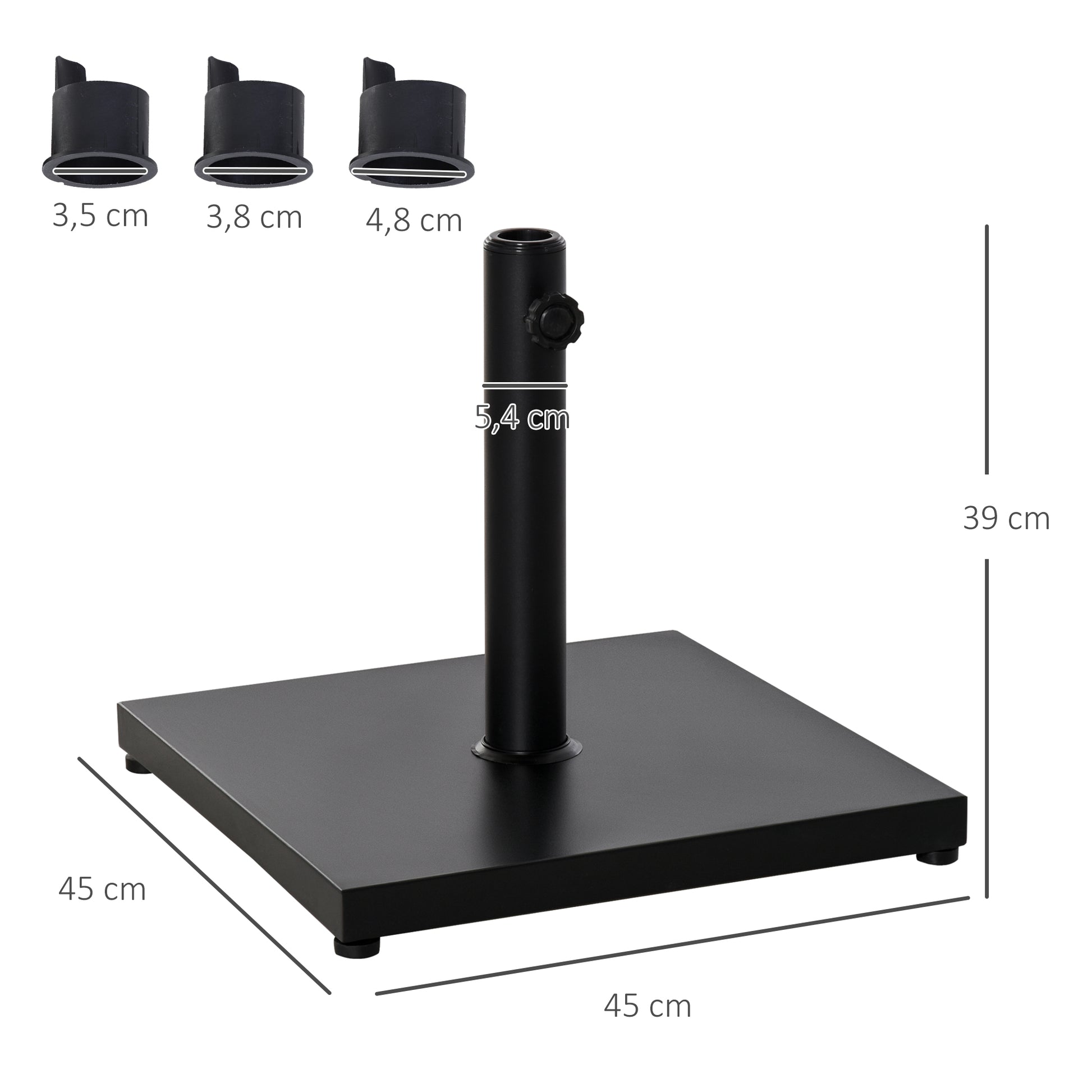 Outsunny Base para Sombrilla de Jardín Peso Neto 18 kg Soporte Pie para Parasol Apto para Postes de Ø35mm/Ø38mm/Ø48mm para Jardín Patio Negro 45x45x39 cm