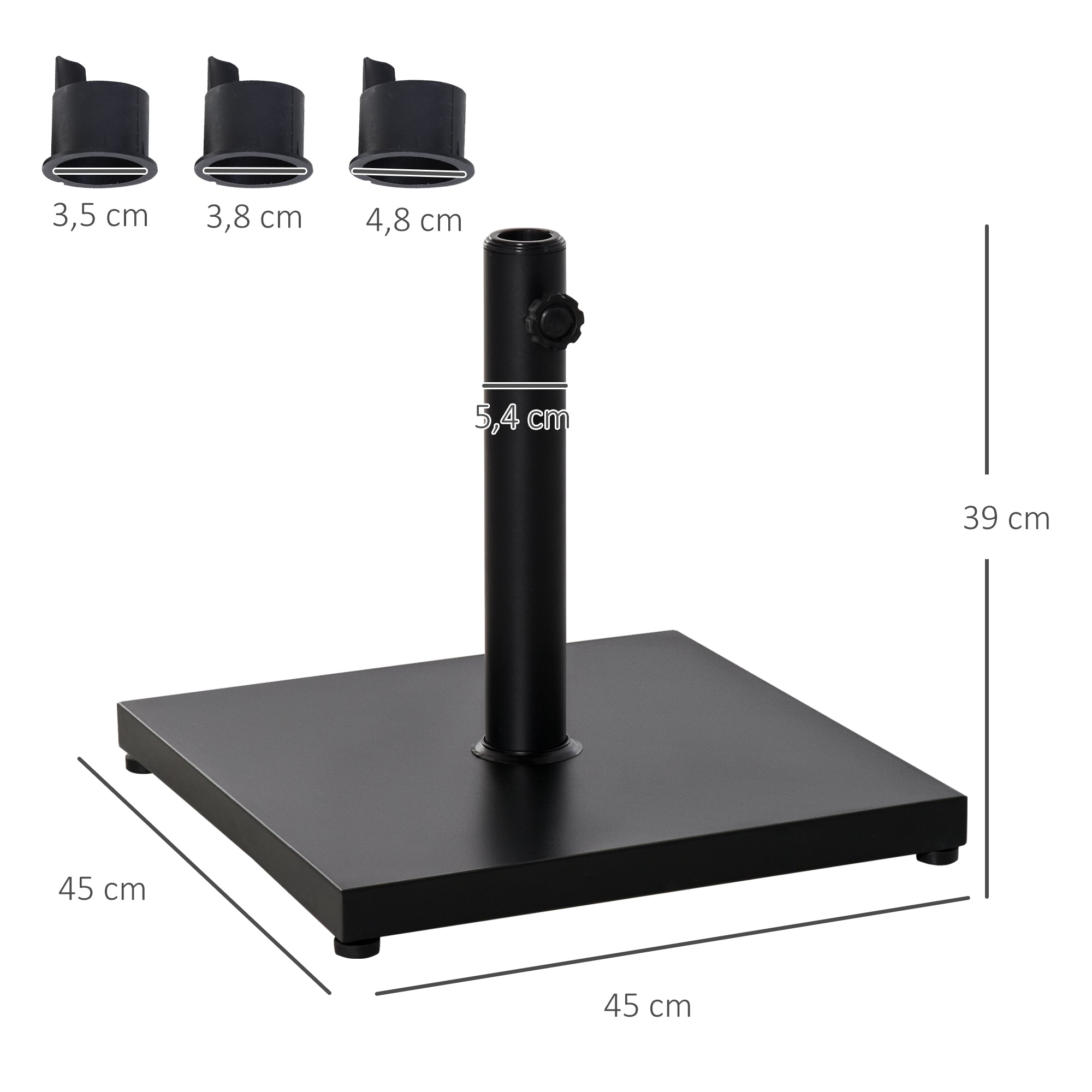 Outsunny Base para Sombrilla de Jardín Peso Neto 18 kg Soporte Pie para Parasol Apto para Postes de Ø35mm/Ø38mm/Ø48mm para Jardín Patio Negro 45x45x39 cm