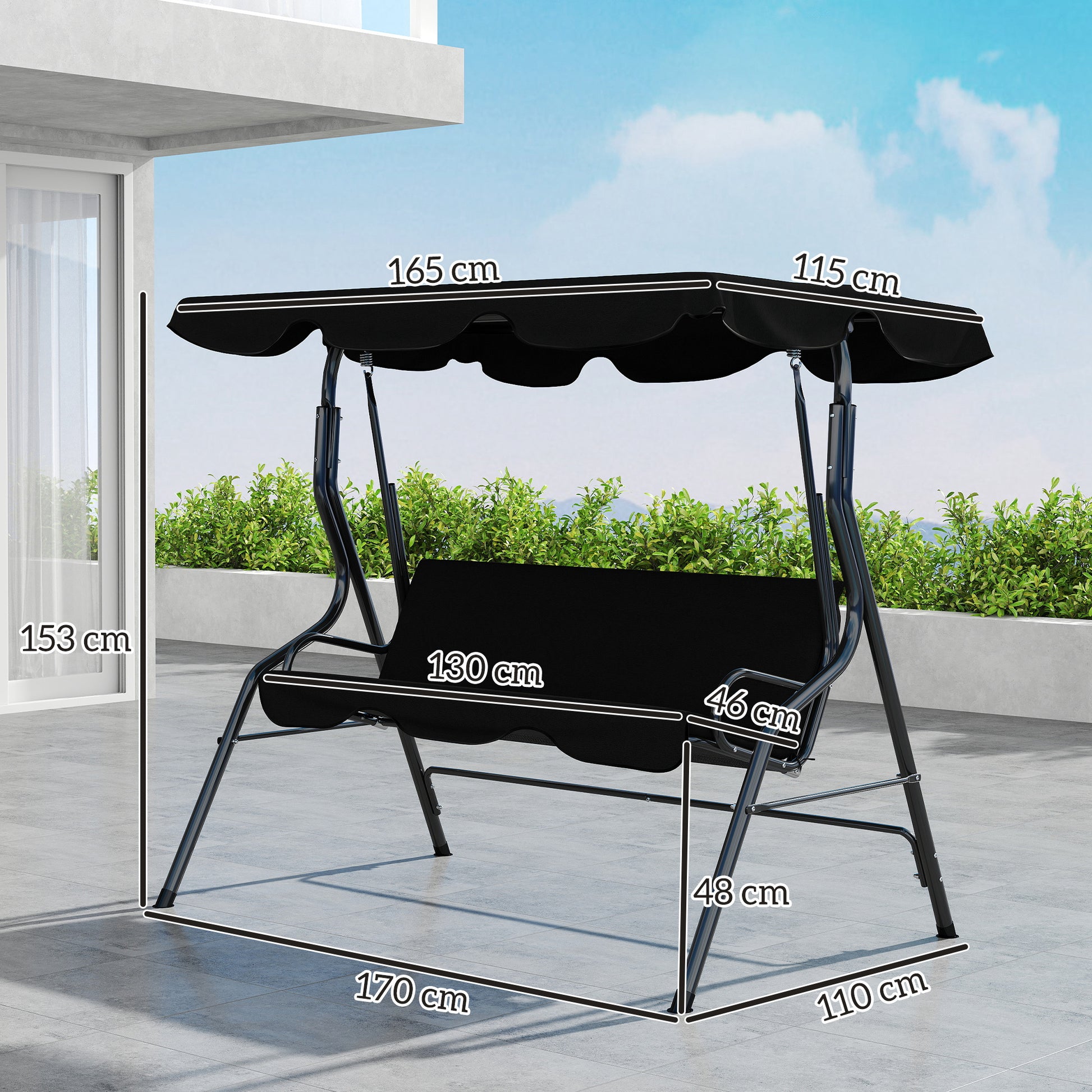 Outsunny Columpio de Jardín de 2-3 Plazas, Balancín de Exterior con Toldo Ajustable en Ángulo, Impermeable y Marco de Acero, para Patio, Balcón, 170x110x153 cm, Negro