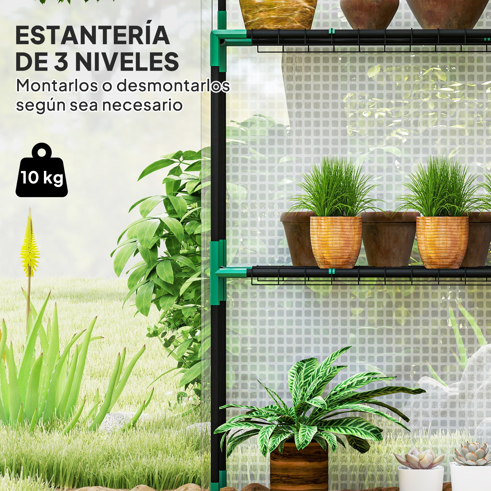 Outsunny Invernadero de Exterior Invernadero Pequeño de 3 Niveles con 6 Estantes Puerta Enrollable Cubierta de PE y Marco de Acero para Cultivos Plantas Flores 143x74x190 cm Blanco
