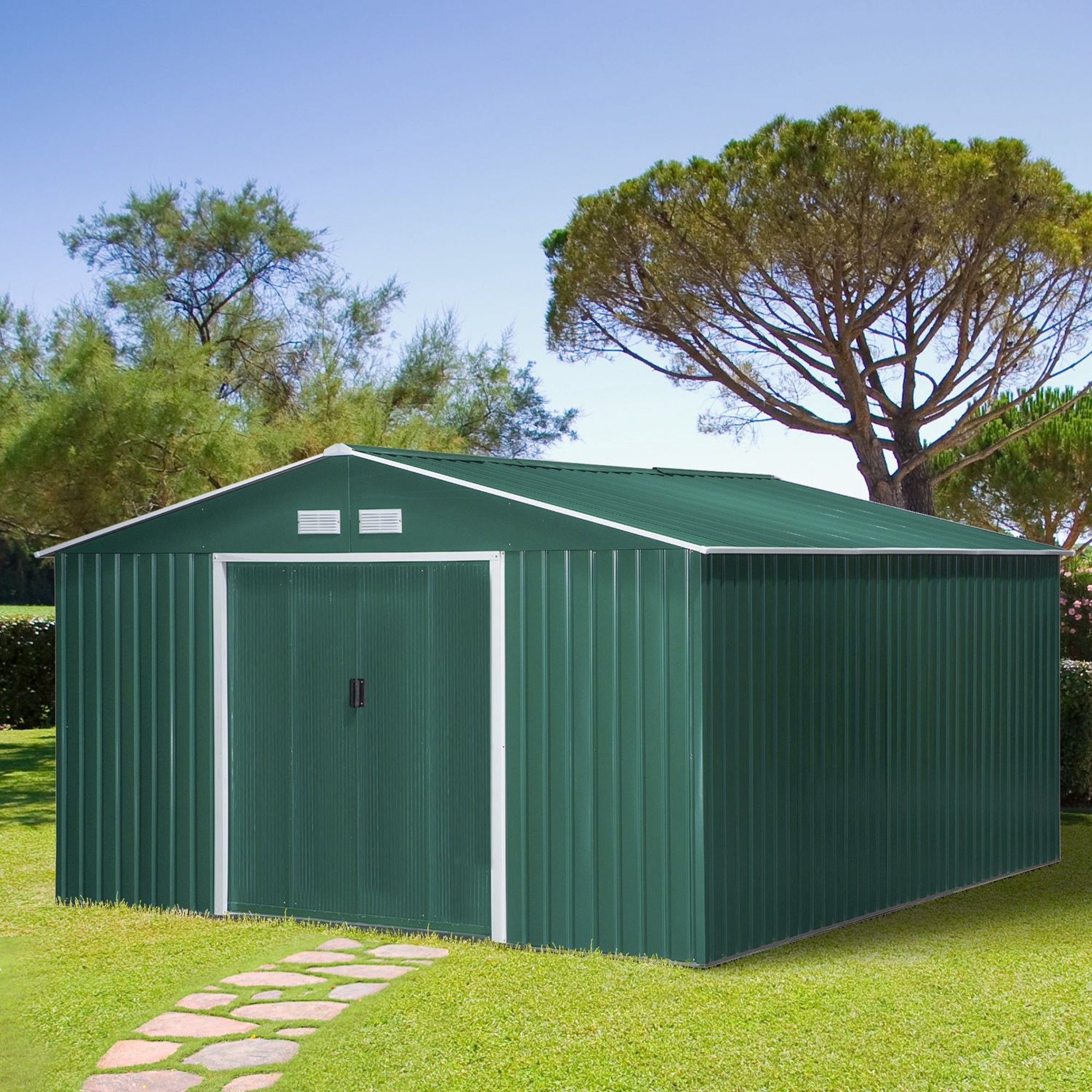 Outsunny Caseta de Jardín Exterior 12,4 m² 340x386x200 cm Cobertizo de Jardín Exterior con Puerta Corredera Techo Inclinado Base Refuerzo (Suelo NO Incluido) y 4 Ventanas Verde