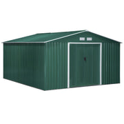 Outsunny Caseta de Jardín Exterior 12,4 m² 340x386x200 cm Cobertizo de Jardín Exterior con Puerta Corredera Techo Inclinado Base Refuerzo (Suelo NO Incluido) y 4 Ventanas Verde