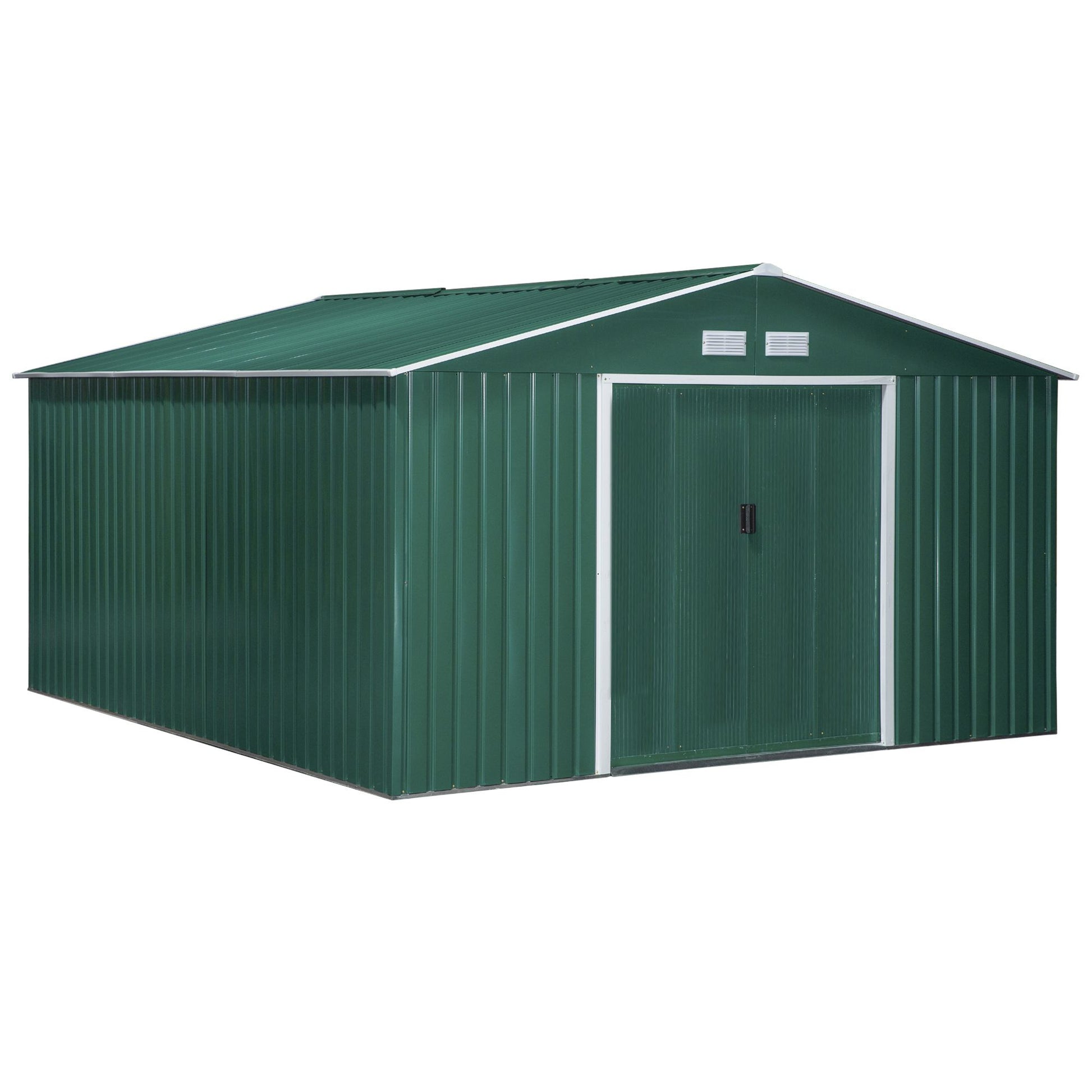 Outsunny Caseta de Jardín Exterior 12,4 m² 340x386x200 cm Cobertizo de Jardín Exterior con Puerta Corredera Techo Inclinado Base Refuerzo (Suelo NO Incluido) y 4 Ventanas Verde