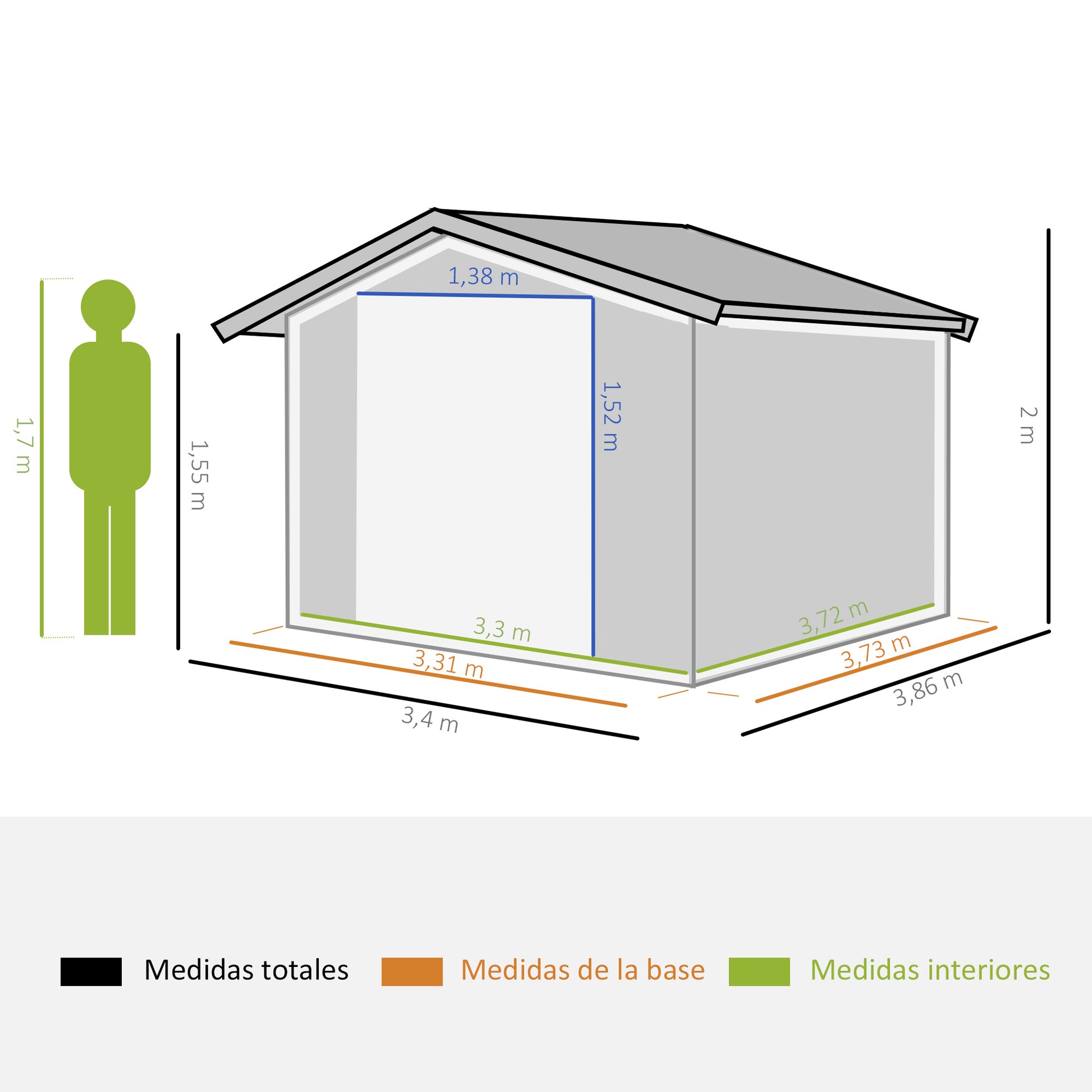Outsunny Caseta de Jardín Exterior 12,4 m² 340x386x200 cm Cobertizo de Jardín Exterior con Puerta Corredera Techo Inclinado Base Refuerzo (Suelo NO Incluido) y 4 Ventanas Verde