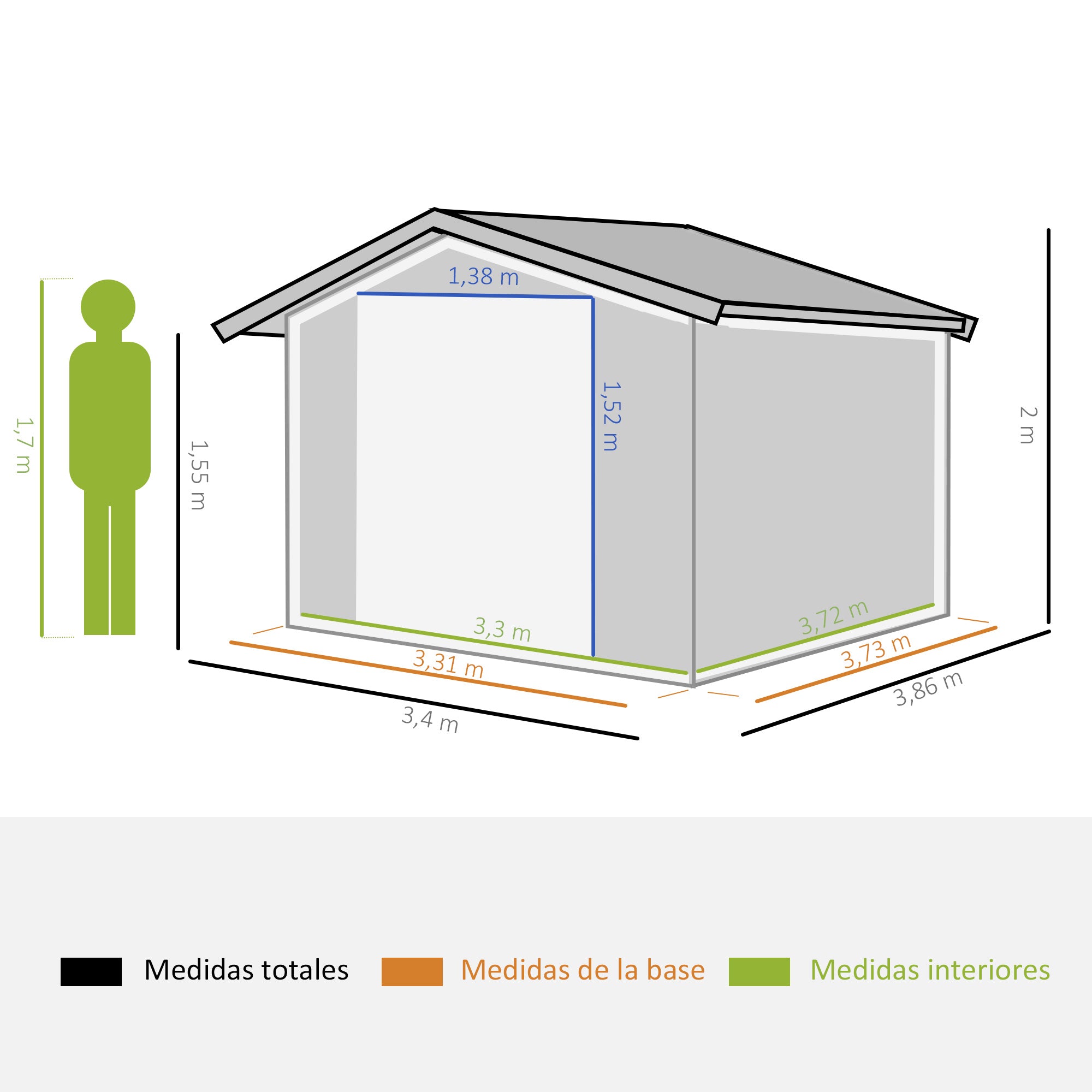 Outsunny Caseta de Jardín Exterior 12,4 m² 340x386x200 cm Cobertizo de Jardín Exterior con Puerta Corredera Techo Inclinado Base Refuerzo (Suelo NO Incluido) y 4 Ventanas Verde