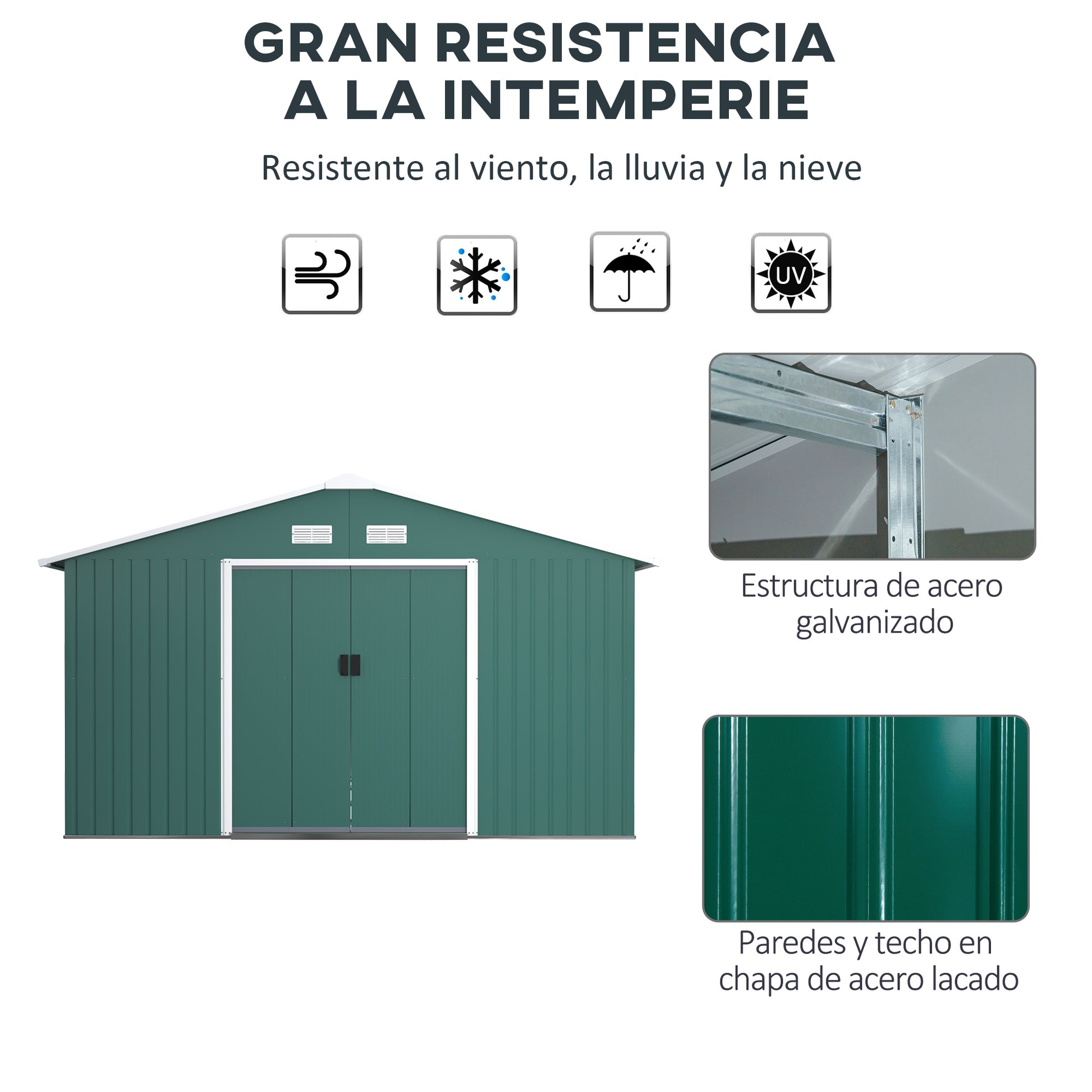 Outsunny Caseta de Jardín Exterior 12,4 m² 340x386x200 cm Cobertizo de Jardín Exterior con Puerta Corredera Techo Inclinado Base Refuerzo (Suelo NO Incluido) y 4 Ventanas Verde
