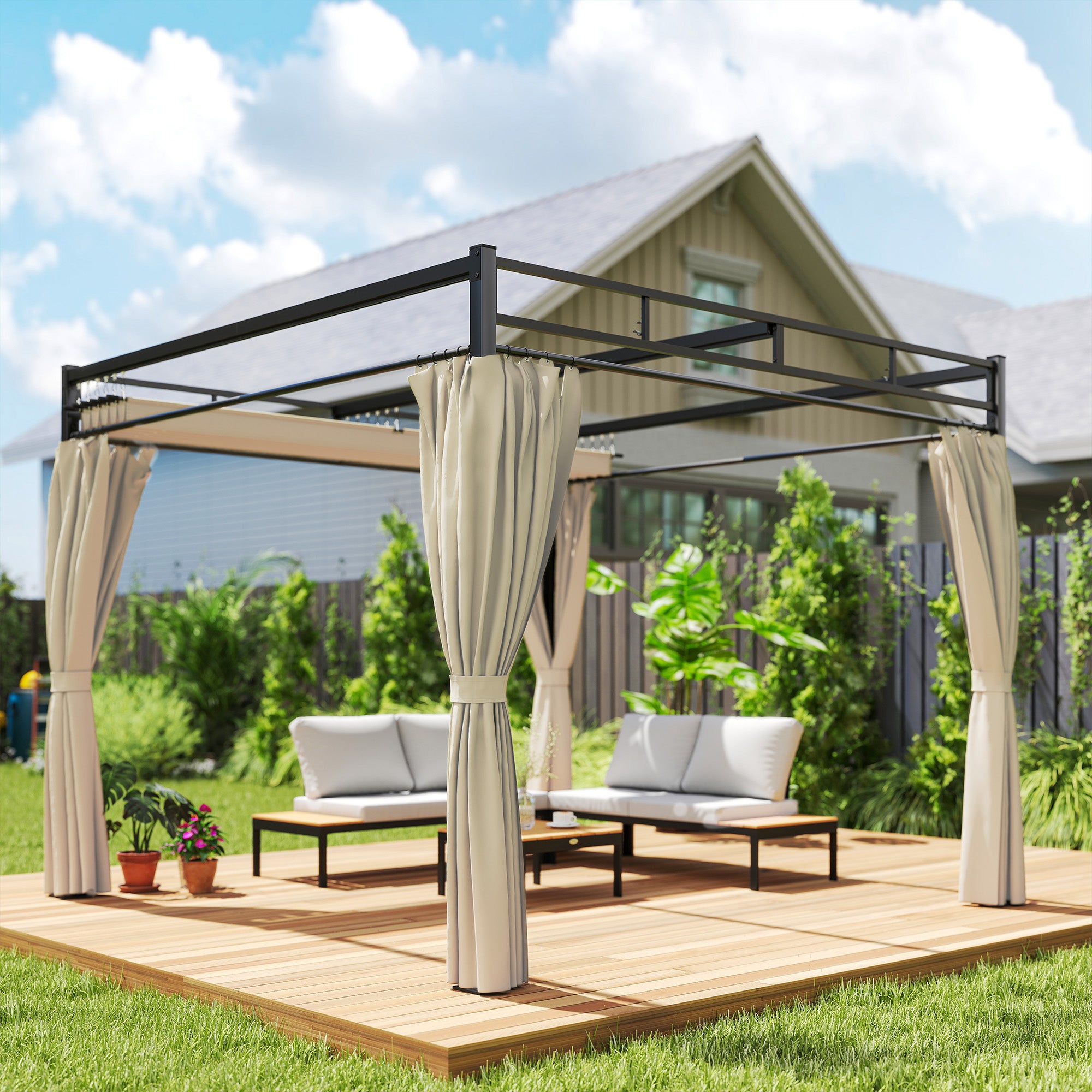 Outsunny Pérgola de Jardín 3x3 m con Techo Retráctil y 4 Cortinas, Cenador de Jardín con Protección UV30+, Impermeable, Estructura Metálica, Pabellón para Patio, Terraza, Exterior, Beige