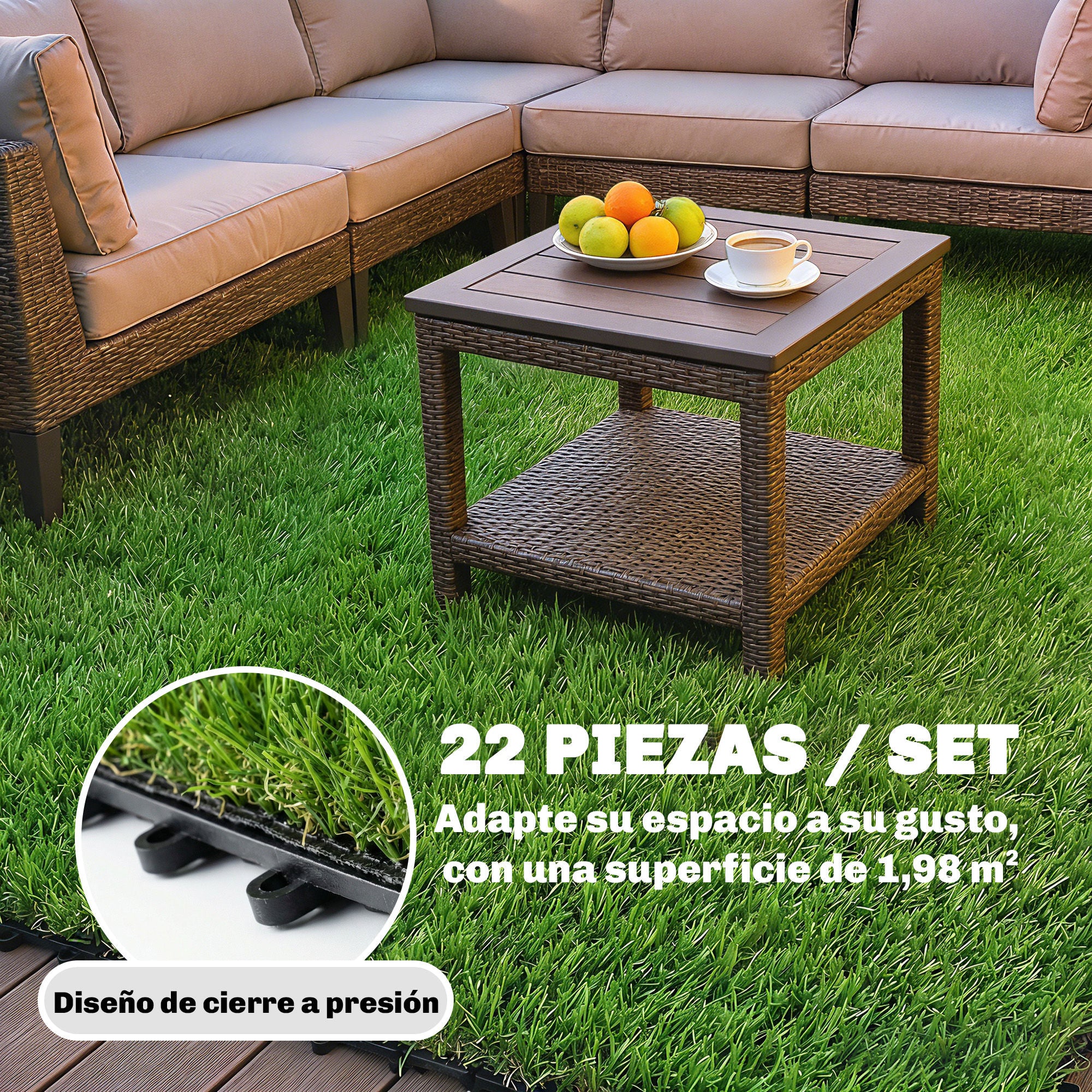 Outsunny Césped Artificial de 22 Piezas, Alfombra Césped Artificial 30x30 cm, con Altura de Hierba 25 mm, Drenaje Automático, para Jardín, Terraza, Patio, Balcón, Verde