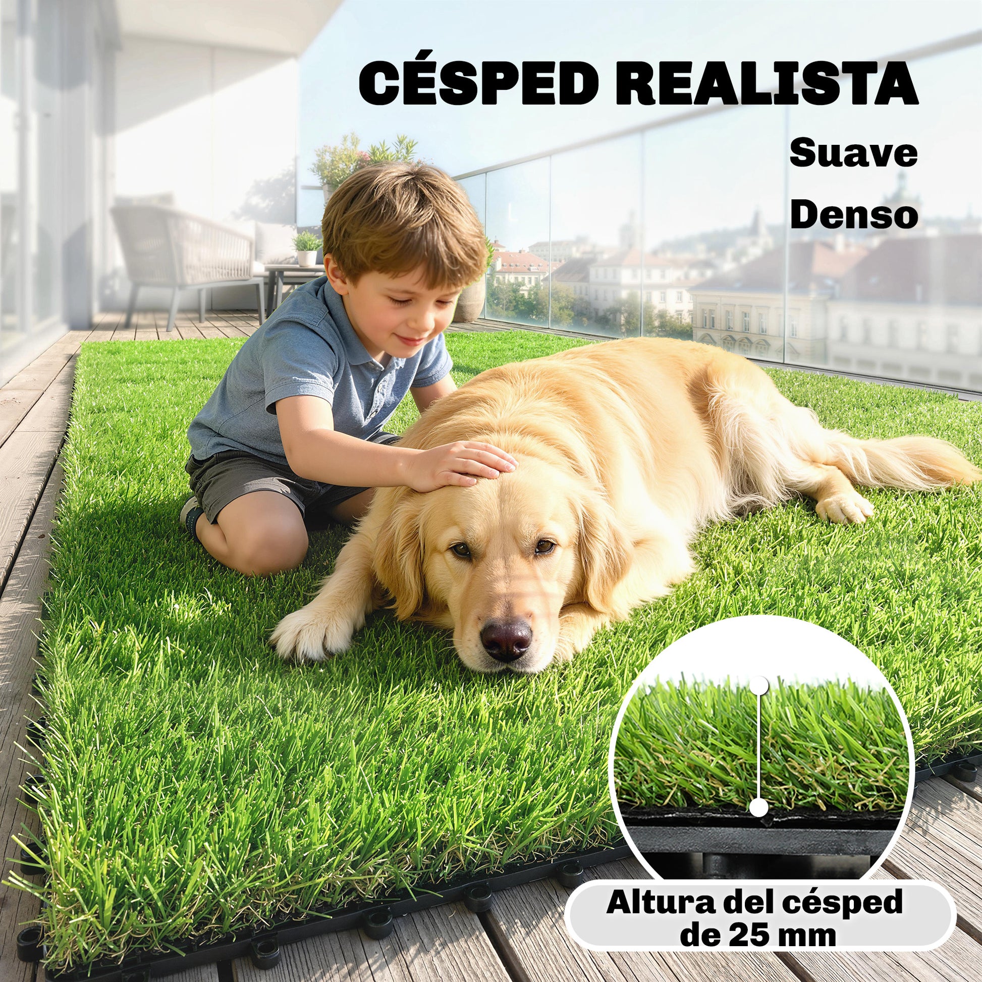 Outsunny Césped Artificial de 22 Piezas, Alfombra Césped Artificial 30x30 cm, con Altura de Hierba 25 mm, Drenaje Automático, para Jardín, Terraza, Patio, Balcón, Verde